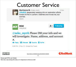 12
Customer Service
https://twitter.com/MyBGE/status/264406364514828290
Gives ppl ETR’s via Twitter
Not new, was doing this last yr in response to Irene as well
 