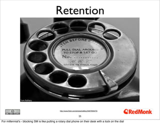 25
Retention
http://www.flickr.com/photos/traftery/5467650475/
For millennial’s - blocking SM is like putting a rotary dial phone on their desk with a lock on the dial
 