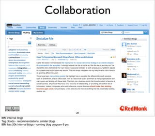 28
Collaboration
IBM internal blogs
Tag clouds - recommendations, similar blogs
IBM has 20k internal blogs - running blog program 9 yrs
 