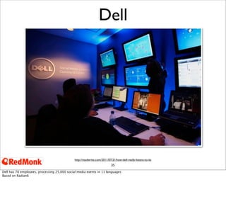 35
Dell
http://readwrite.com/2011/07/21/how-dell-really-listens-to-its
Dell has 70 employees, processing 25,000 social media events in 11 languages
Based on Radian6
 