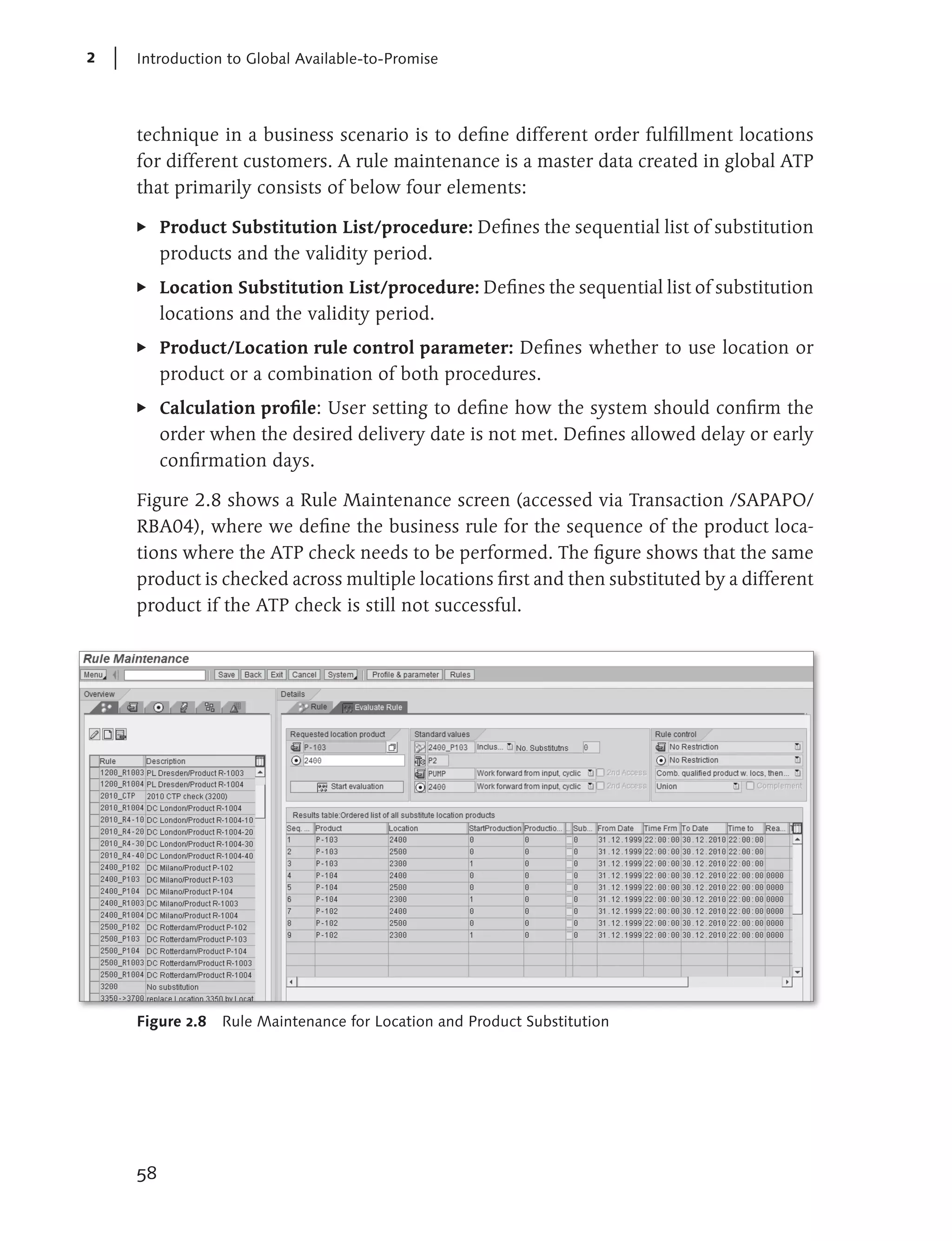 2   Introduction to Global Available-to-Promise




    technique in a business scenario is to define different order fulfillment locations
    for different customers. A rule maintenance is a master data created in global ATP
    that primarily consists of below four elements:

    E    Product Substitution List/procedure: Defines the sequential list of substitution
         products and the validity period.
    E    Location Substitution List/procedure: Defines the sequential list of substitution
         locations and the validity period.
    E    Product/Location rule control parameter: Defines whether to use location or
         product or a combination of both procedures.
    E    Calculation profile: User setting to define how the system should confirm the
         order when the desired delivery date is not met. Defines allowed delay or early
         confirmation days.

    Figure 2.8 shows a Rule Maintenance screen (accessed via Transaction /SAPAPO/
    RBA04), where we define the business rule for the sequence of the product loca-
    tions where the ATP check needs to be performed. The figure shows that the same
    product is checked across multiple locations first and then substituted by a different
    product if the ATP check is still not successful.




    Figure 2.8   Rule Maintenance for Location and Product Substitution




    58
 