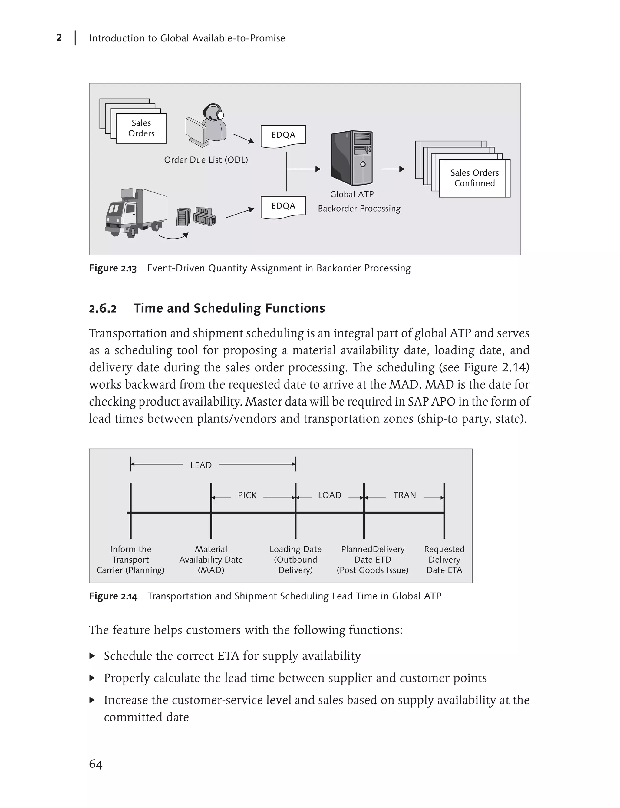 2   Introduction to Global Available-to-Promise




                 Sales
                Orders                             EDQA

                         Order Due List (ODL)
                                                                                             Sales Orders
                                                                                              Confirmed
                                                                  Global ATP
                                                   EDQA       Backorder Processing




    Figure 2.13 Event-Driven Quantity Assignment in Backorder Processing



    2.6.2        Time and Scheduling Functions
    Transportation and shipment scheduling is an integral part of global ATP and serves
    as a scheduling tool for proposing a material availability date, loading date, and
    delivery date during the sales order processing. The scheduling (see Figure 2.14)
    works backward from the requested date to arrive at the MAD. MAD is the date for
    checking product availability. Master data will be required in SAP APO in the form of
    lead times between plants/vendors and transportation zones (ship-to party, state).


                               LEAD


                                            PICK              LOAD               TRAN




           Inform the           Material           Loading Date     PlannedDelivery     Requested
            Transport        Availability Date      (Outbound          Date ETD          Delivery
        Carrier (Planning)        (MAD)              Delivery)     (Post Goods Issue)   Date ETA


    Figure 2.14 Transportation and Shipment Scheduling Lead Time in Global ATP


    The feature helps customers with the following functions:

    E    Schedule the correct ETA for supply availability
    E    Properly calculate the lead time between supplier and customer points
    E    Increase the customer-service level and sales based on supply availability at the
         committed date


    64
 