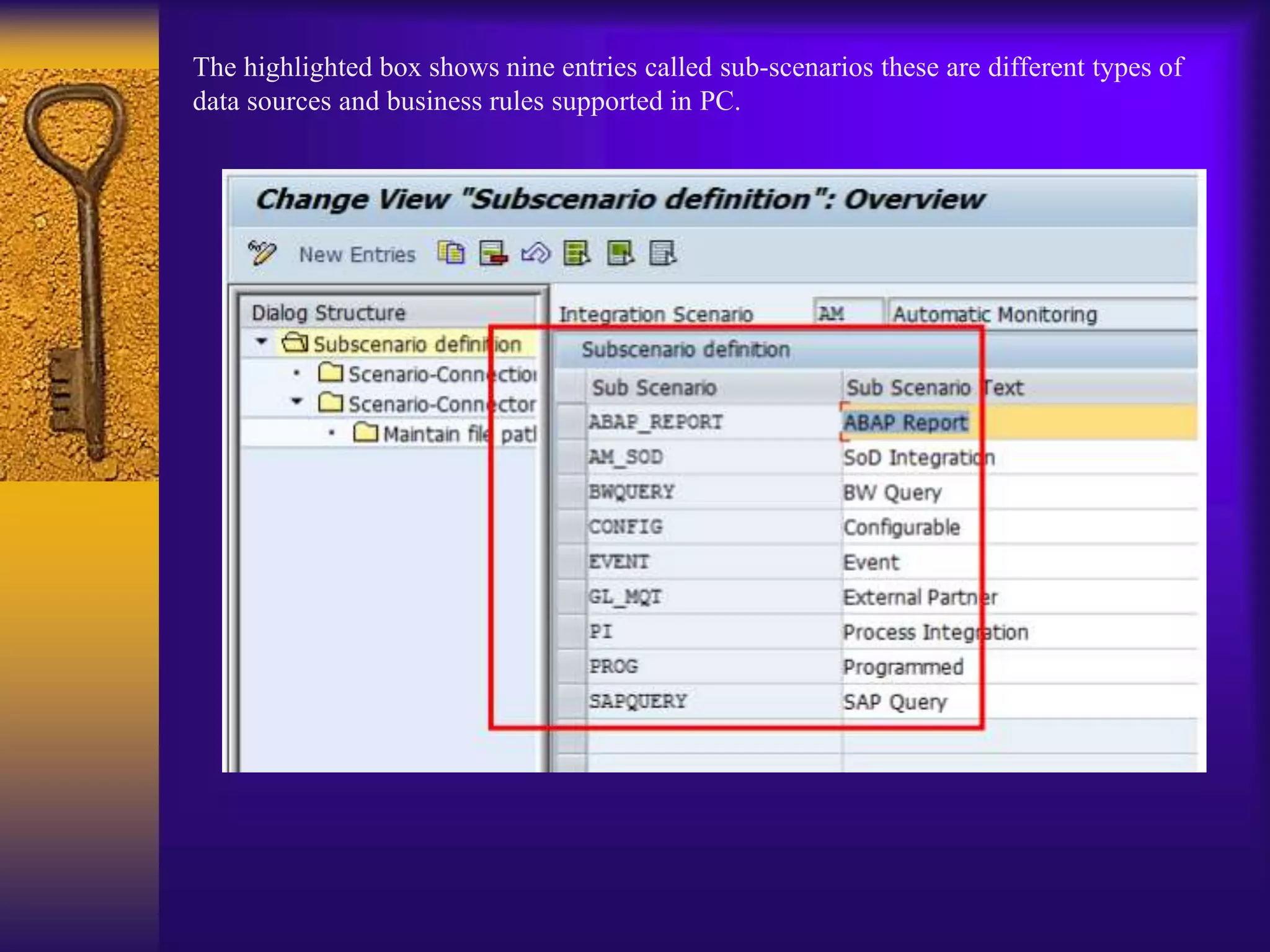The highlighted box shows nine entries called sub-scenarios these are different types of
data sources and business rules supported in PC.
 