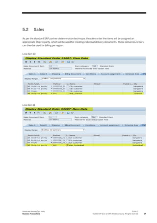 Goods and Services Tax - India
Business Transactions
PUBLIC
© 2016 SAP SE or an SAP affiliate company. All rights reserved. 17
5.2 Sales
As per the standard SAP partner determination technique, the sales order line items will be assigned an
appropriate Ship-to party, which will be used for creating individual delivery documents. These deliveries/orders
can then be used for billing per region.
Line item 10
Line item 11
 