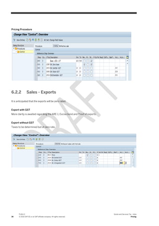 30
PUBLIC
© 2016 SAP SE or an SAP affiliate company. All rights reserved.
Goods and Services Tax - India
Pricing
Pricing Procedure
6.2.2 Sales - Exports
It is anticipated that the exports will be zero rated.
Export with GST
More clarity is awaited regarding the ARE-1, Excise bond and Proof of exports.
Export without GST
Taxes to be determined but at zero rate.
 