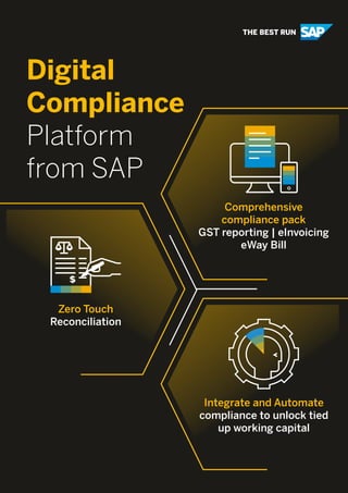 Digital
Compliance
Platform
from SAP
Integrate and Automate
compliance to unlock tied
up working capital
Zero Touch
Reconciliation
Comprehensive
compliance pack
GST reporting | eInvoicing
eWay Bill
 
