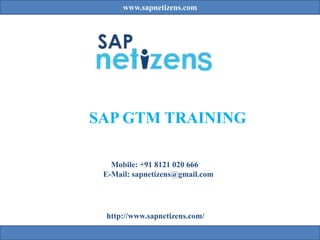 www.sapnetizens.com
SAP GTM TRAINING
Mobile: +91 8121 020 666
E-Mail: sapnetizens@gmail.com
http://www.sapnetizens.com/
 