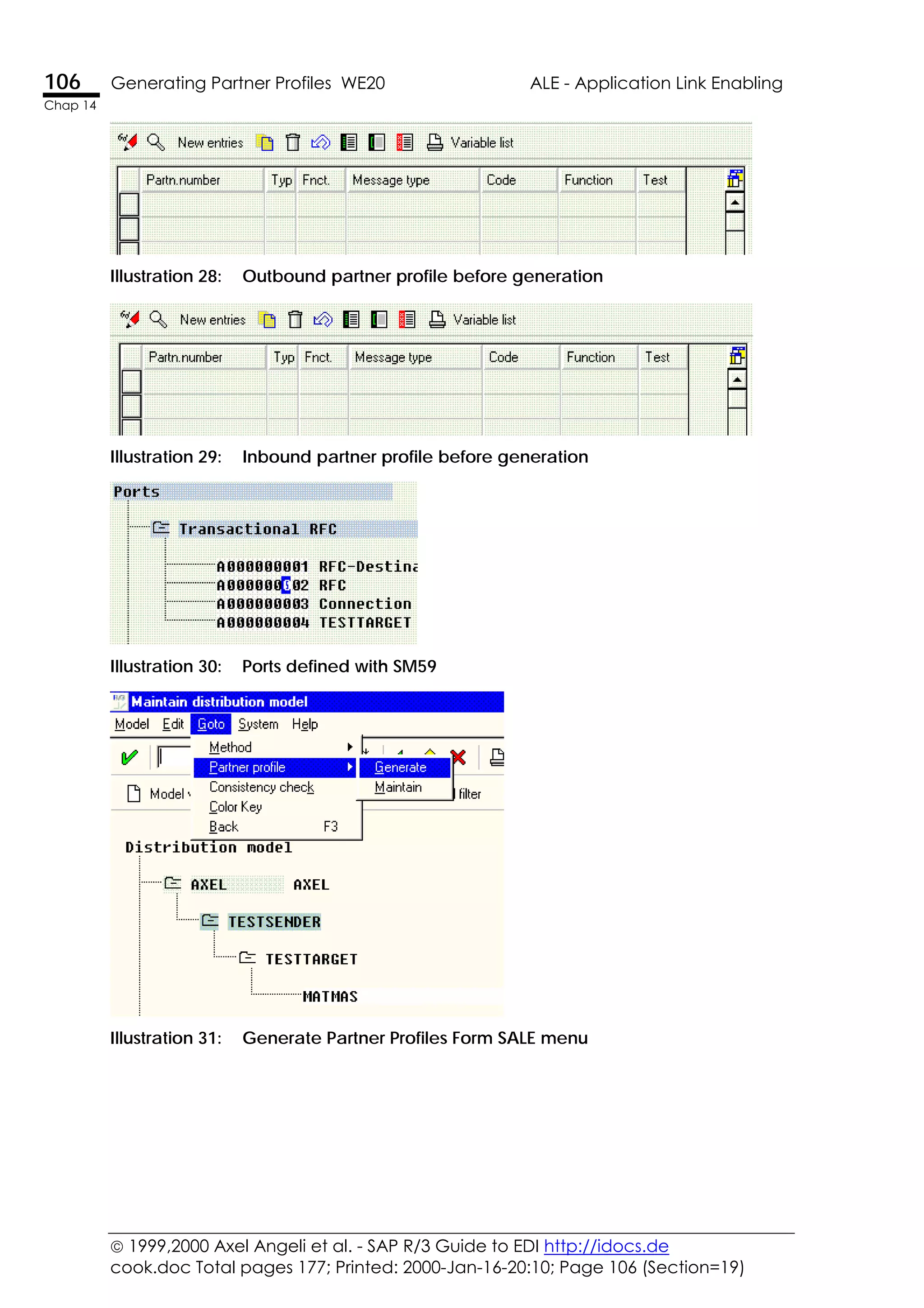  1999,2000 Axel Angeli et al. - SAP R/3 Guide to EDI http://idocs.de
cook.doc Total pages 177; Printed: 2000-Jan-16-20:10; Page 106 (Section=19)
106 Generating Partner Profiles WE20 ALE - Application Link Enabling
Chap 14
Illustration 28: Outbound partner profile before generation
Illustration 29: Inbound partner profile before generation
Illustration 30: Ports defined with SM59
Illustration 31: Generate Partner Profiles Form SALE menu
 