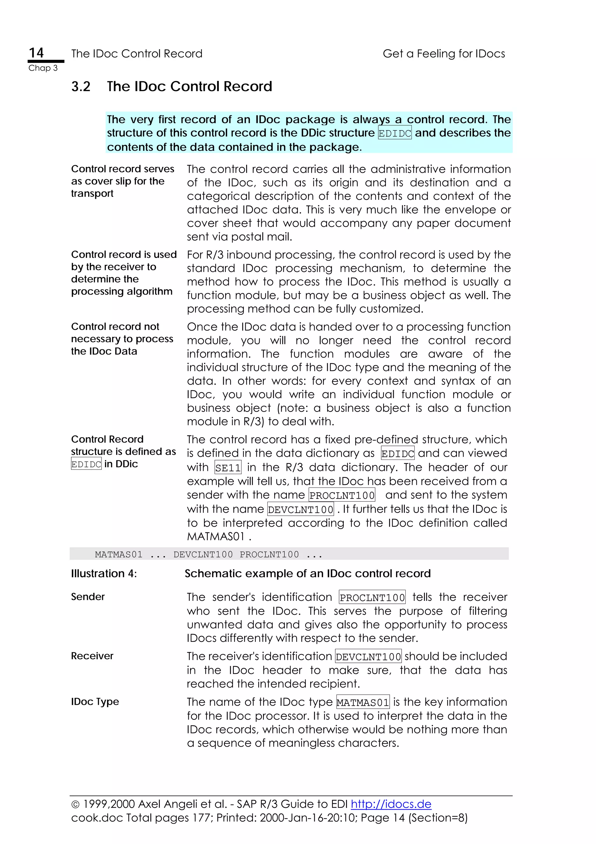  1999,2000 Axel Angeli et al. - SAP R/3 Guide to EDI http://idocs.de
cook.doc Total pages 177; Printed: 2000-Jan-16-20:10; Page 14 (Section=8)
14 The IDoc Control Record Get a Feeling for IDocs
Chap 3
3.2 The IDoc Control Record
The very first record of an IDoc package is always a control record. The
structure of this control record is the DDic structure EDIDC and describes the
contents of the data contained in the package.
Control record serves
as cover slip for the
transport
The control record carries all the administrative information
of the IDoc, such as its origin and its destination and a
categorical description of the contents and context of the
attached IDoc data. This is very much like the envelope or
cover sheet that would accompany any paper document
sent via postal mail.
Control record is used
by the receiver to
determine the
processing algorithm
For R/3 inbound processing, the control record is used by the
standard IDoc processing mechanism, to determine the
method how to process the IDoc. This method is usually a
function module, but may be a business object as well. The
processing method can be fully customized.
Control record not
necessary to process
the IDoc Data
Once the IDoc data is handed over to a processing function
module, you will no longer need the control record
information. The function modules are aware of the
individual structure of the IDoc type and the meaning of the
data. In other words: for every context and syntax of an
IDoc, you would write an individual function module or
business object (note: a business object is also a function
module in R/3) to deal with.
Control Record
structure is defined as
EDIDC in DDic
The control record has a fixed pre-defined structure, which
is defined in the data dictionary as EDIDC and can viewed
with SE11 in the R/3 data dictionary. The header of our
example will tell us, that the IDoc has been received from a
sender with the name PROCLNT100 and sent to the system
with the name DEVCLNT100 . It further tells us that the IDoc is
to be interpreted according to the IDoc definition called
MATMAS01 .
MATMAS01 ... DEVCLNT100 PROCLNT100 ...
Illustration 4: Schematic example of an IDoc control record
Sender The sender's identification PROCLNT100 tells the receiver
who sent the IDoc. This serves the purpose of filtering
unwanted data and gives also the opportunity to process
IDocs differently with respect to the sender.
Receiver The receiver's identification DEVCLNT100 should be included
in the IDoc header to make sure, that the data has
reached the intended recipient.
IDoc Type The name of the IDoc type MATMAS01 is the key information
for the IDoc processor. It is used to interpret the data in the
IDoc records, which otherwise would be nothing more than
a sequence of meaningless characters.
 
