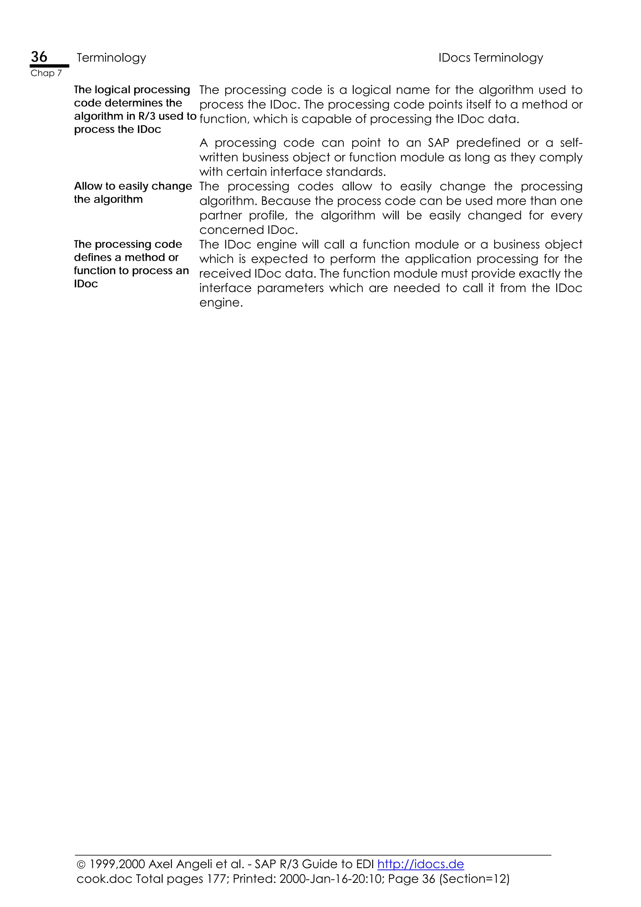  1999,2000 Axel Angeli et al. - SAP R/3 Guide to EDI http://idocs.de
cook.doc Total pages 177; Printed: 2000-Jan-16-20:10; Page 36 (Section=12)
36 Terminology IDocs Terminology
Chap 7
The logical processing
code determines the
algorithm in R/3 used to
process the IDoc
The processing code is a logical name for the algorithm used to
process the IDoc. The processing code points itself to a method or
function, which is capable of processing the IDoc data.
A processing code can point to an SAP predefined or a self-
written business object or function module as long as they comply
with certain interface standards.
Allow to easily change
the algorithm
The processing codes allow to easily change the processing
algorithm. Because the process code can be used more than one
partner profile, the algorithm will be easily changed for every
concerned IDoc.
The processing code
defines a method or
function to process an
IDoc
The IDoc engine will call a function module or a business object
which is expected to perform the application processing for the
received IDoc data. The function module must provide exactly the
interface parameters which are needed to call it from the IDoc
engine.
 