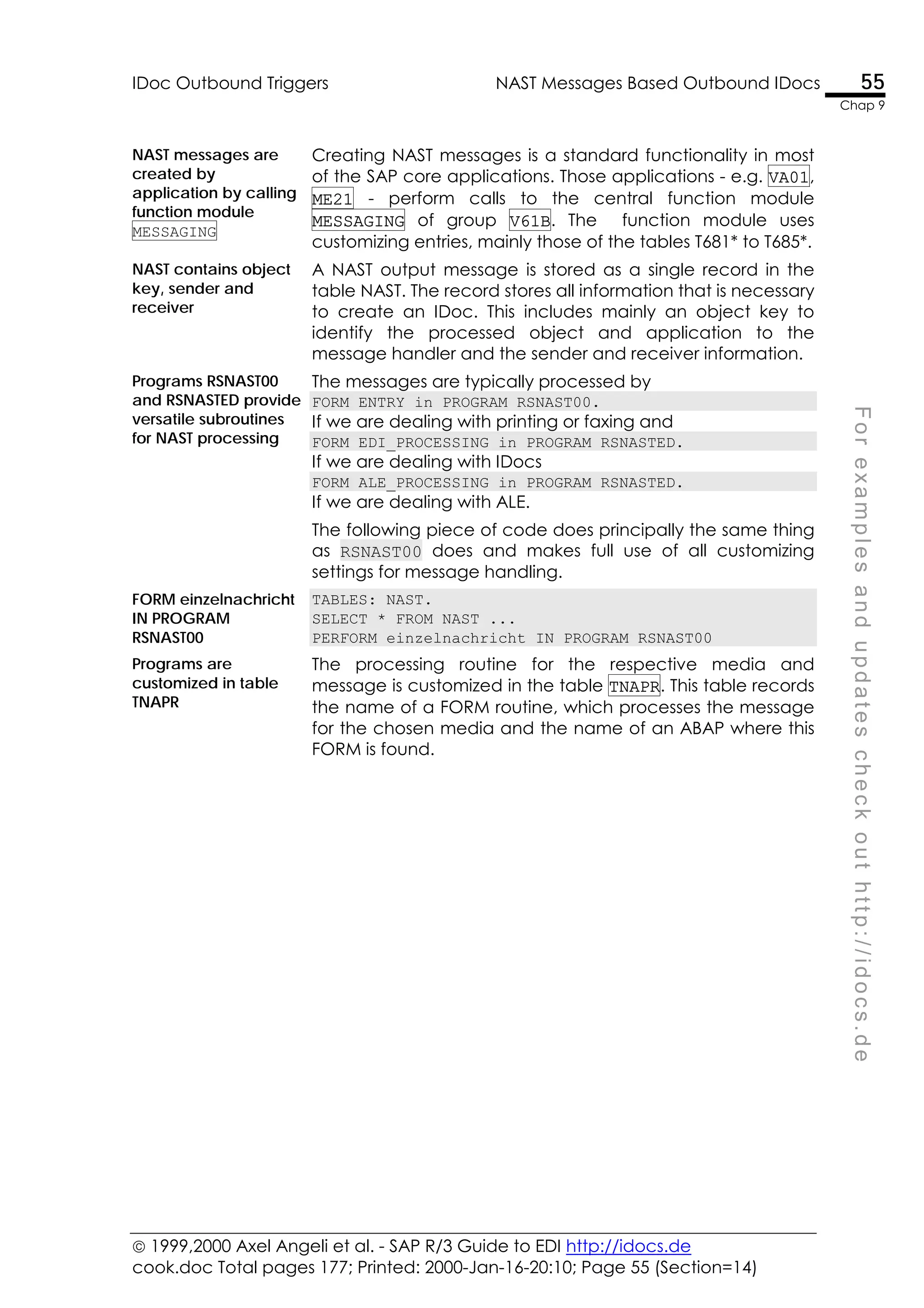  1999,2000 Axel Angeli et al. - SAP R/3 Guide to EDI http://idocs.de
cook.doc Total pages 177; Printed: 2000-Jan-16-20:10; Page 55 (Section=14)
IDoc Outbound Triggers NAST Messages Based Outbound IDocs 55
Chap 9
F
o
r
e
x
a
m
p
l
e
s
a
n
d
u
p
d
a
t
e
s
c
h
e
c
k
o
u
t
h
t
t
p
:
/
/
i
d
o
c
s
.
d
e
NAST messages are
created by
application by calling
function module
MESSAGING
Creating NAST messages is a standard functionality in most
of the SAP core applications. Those applications - e.g. VA01,
ME21 - perform calls to the central function module
MESSAGING of group V61B. The function module uses
customizing entries, mainly those of the tables T681* to T685*.
NAST contains object
key, sender and
receiver
A NAST output message is stored as a single record in the
table NAST. The record stores all information that is necessary
to create an IDoc. This includes mainly an object key to
identify the processed object and application to the
message handler and the sender and receiver information.
Programs RSNAST00
and RSNASTED provide
versatile subroutines
for NAST processing
The messages are typically processed by
FORM ENTRY in PROGRAM RSNAST00.
If we are dealing with printing or faxing and
FORM EDI_PROCESSING in PROGRAM RSNASTED.
If we are dealing with IDocs
FORM ALE_PROCESSING in PROGRAM RSNASTED.
If we are dealing with ALE.
The following piece of code does principally the same thing
as RSNAST00 does and makes full use of all customizing
settings for message handling.
FORM einzelnachricht
IN PROGRAM
RSNAST00
TABLES: NAST.
SELECT * FROM NAST ...
PERFORM einzelnachricht IN PROGRAM RSNAST00
Programs are
customized in table
TNAPR
The processing routine for the respective media and
message is customized in the table TNAPR. This table records
the name of a FORM routine, which processes the message
for the chosen media and the name of an ABAP where this
FORM is found.
 