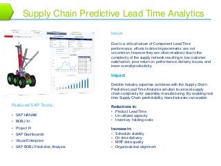 13 
Supply Chain Predictive Lead Time Analytics 
Issue 
Due to a critical nature of Component Lead Time 
performance, efforts to drive improvements are not 
uncommon; however they are often misdirect due to the 
complexity of the supply network resulting in low customer 
satisfaction, poor return on performance, delivery issues, and 
lower overall productivity. 
Featured SAP Tools: 
• SAP HANA® 
• BOBJ XI 
• Project R 
• SAP Dashboards 
• Visual Enterprise 
• SAP BOBJ Predictive Analysis 
Impact 
Deloitte industry expertise combines with the Supply Chain 
Predictive Lead Time Analytics solution to unravel supply 
chain complexity for assembly manufacturing. By enabling real 
time Supply Chain predictability, manufacturers can enable: 
Reductions in: 
• Product Lead Time 
• Un-utilized capacity 
• Inventory holding costs 
Increase in: 
• Schedule stability 
• On time delivery 
• MRP data quality 
• Organizational alignment 
 