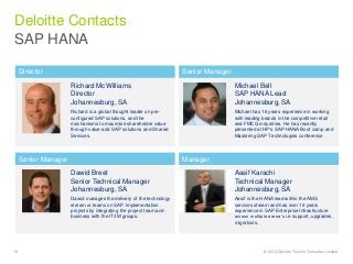 Deloitte Contacts 
SAP HANA 
Richard McWilliams 
Director 
Johannesburg, SA 
Richard is a global thought leader on pre-configured 
SAP solutions, and the 
mechanisms to maximise shareholder value 
through value-add SAP solutions and Shared 
Services. 
Director 
Michael Bell 
SAP HANA Lead 
Johannesburg, SA 
Michael has 16 years experience in working 
with leading brands in the competitive retail 
and FMCG industries. He has recently 
presented at HP's SAP HANA Boot camp and 
Mastering SAP Technologies conference 
Senior Manager 
Dawid Breet 
Senior Technical Manager 
Johannesburg, SA 
Dawid manages the delivery of the technology 
stream or teams on SAP Implementation 
projects by integrating the project team and 
business with the IT/IM groups. 
Senior Manager 
Aasif Karachi 
Technical Manager 
Johannesburg, SA 
Aasif is the HANA lead within the AMS 
services stream and has over 10 years 
experience in SAP Enterprise Infrastructure 
across multiple arena’s i.e support, upgrades, 
migrations. 
Manager 
18 © 2014 Deloitte Touche Tohmatsu Limited 
 