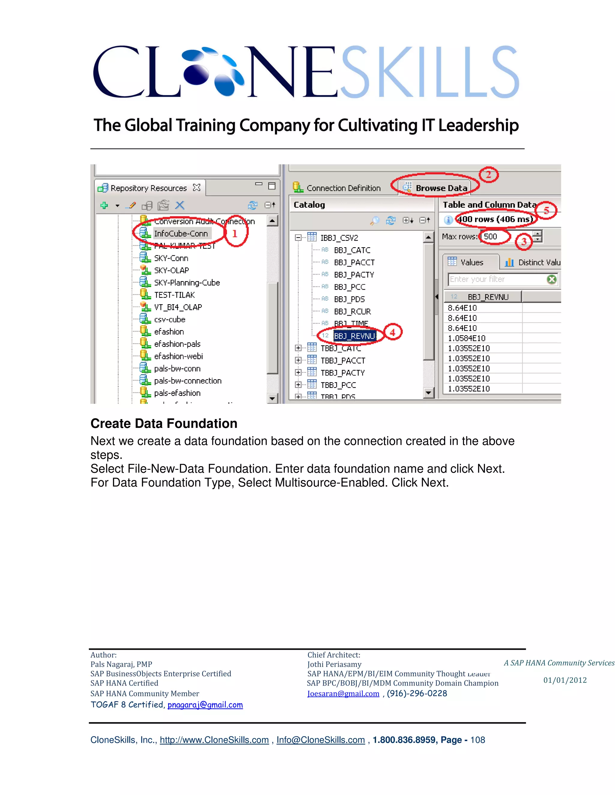 ________________________________________________________________________




Create Data Foundation
Next we create a data foundation based on the connection created in the above
steps.
Select File-New-Data Foundation. Enter data foundation name and click Next.
For Data Foundation Type, Select Multisource-Enabled. Click Next.




Author:                                              Chief Architect:
Pals Nagaraj, PMP                                    Jothi Periasamy                               A SAP HANA Community Services
SAP BusinessObjects Enterprise Certified             SAP HANA/EPM/BI/EIM Community Thought Leader
SAP HANA Certified                                   SAP BPC/BOBJ/BI/MDM Community Domain Champion           01/01/2012
SAP HANA Community Member                            Joesaran@gmail.com , (916)-296-0228
TOGAF 8 Certified, pnagaraj@gmail.com



CloneSkills, Inc., http://www.CloneSkills.com , Info@CloneSkills.com , 1.800.836.8959, Page - 108
 