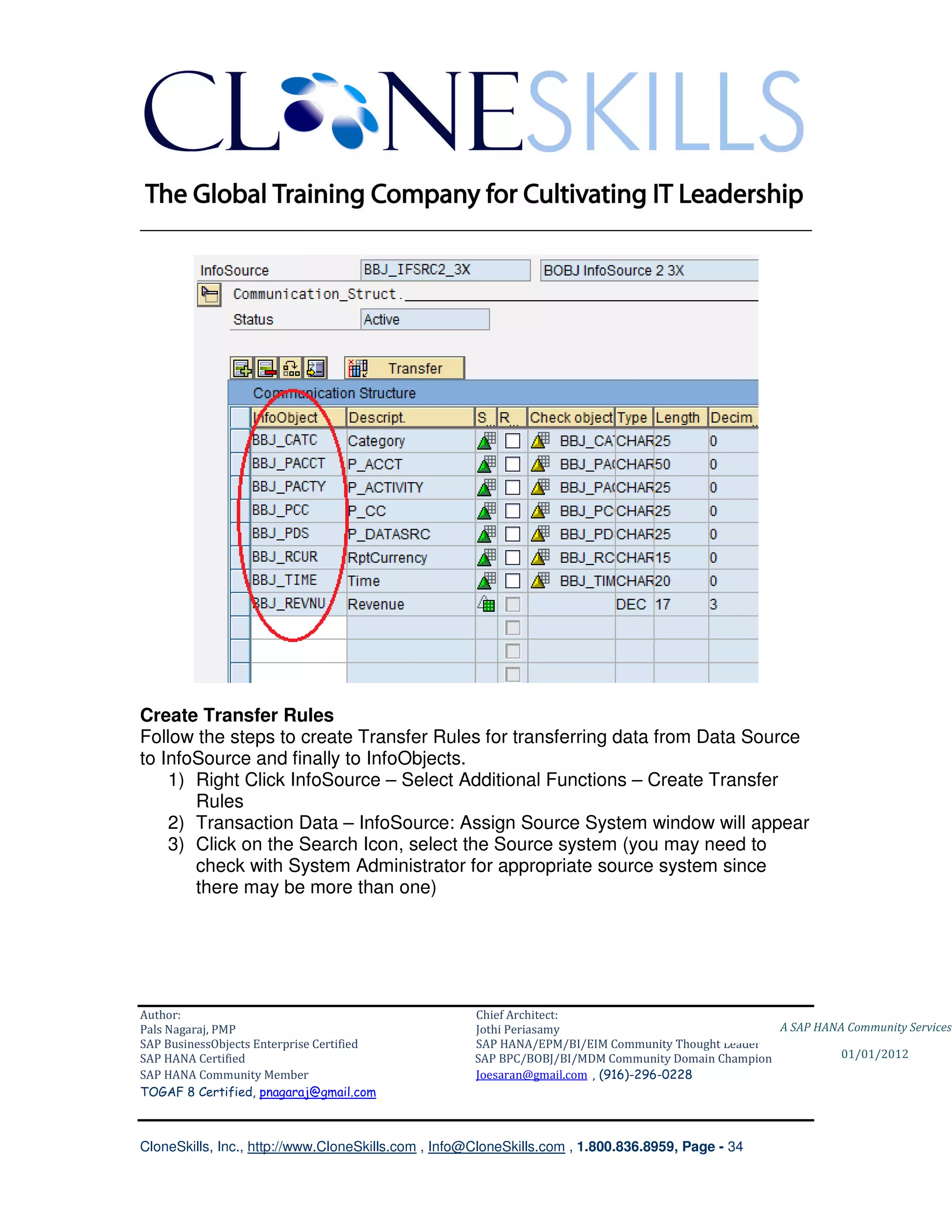 ________________________________________________________________________




Create Transfer Rules
Follow the steps to create Transfer Rules for transferring data from Data Source
to InfoSource and finally to InfoObjects.
    1) Right Click InfoSource – Select Additional Functions – Create Transfer
       Rules
    2) Transaction Data – InfoSource: Assign Source System window will appear
    3) Click on the Search Icon, select the Source system (you may need to
       check with System Administrator for appropriate source system since
       there may be more than one)




Author:                                              Chief Architect:
Pals Nagaraj, PMP                                    Jothi Periasamy                               A SAP HANA Community Services
SAP BusinessObjects Enterprise Certified             SAP HANA/EPM/BI/EIM Community Thought Leader
SAP HANA Certified                                   SAP BPC/BOBJ/BI/MDM Community Domain Champion           01/01/2012
SAP HANA Community Member                            Joesaran@gmail.com , (916)-296-0228
TOGAF 8 Certified, pnagaraj@gmail.com



CloneSkills, Inc., http://www.CloneSkills.com , Info@CloneSkills.com , 1.800.836.8959, Page - 34
 