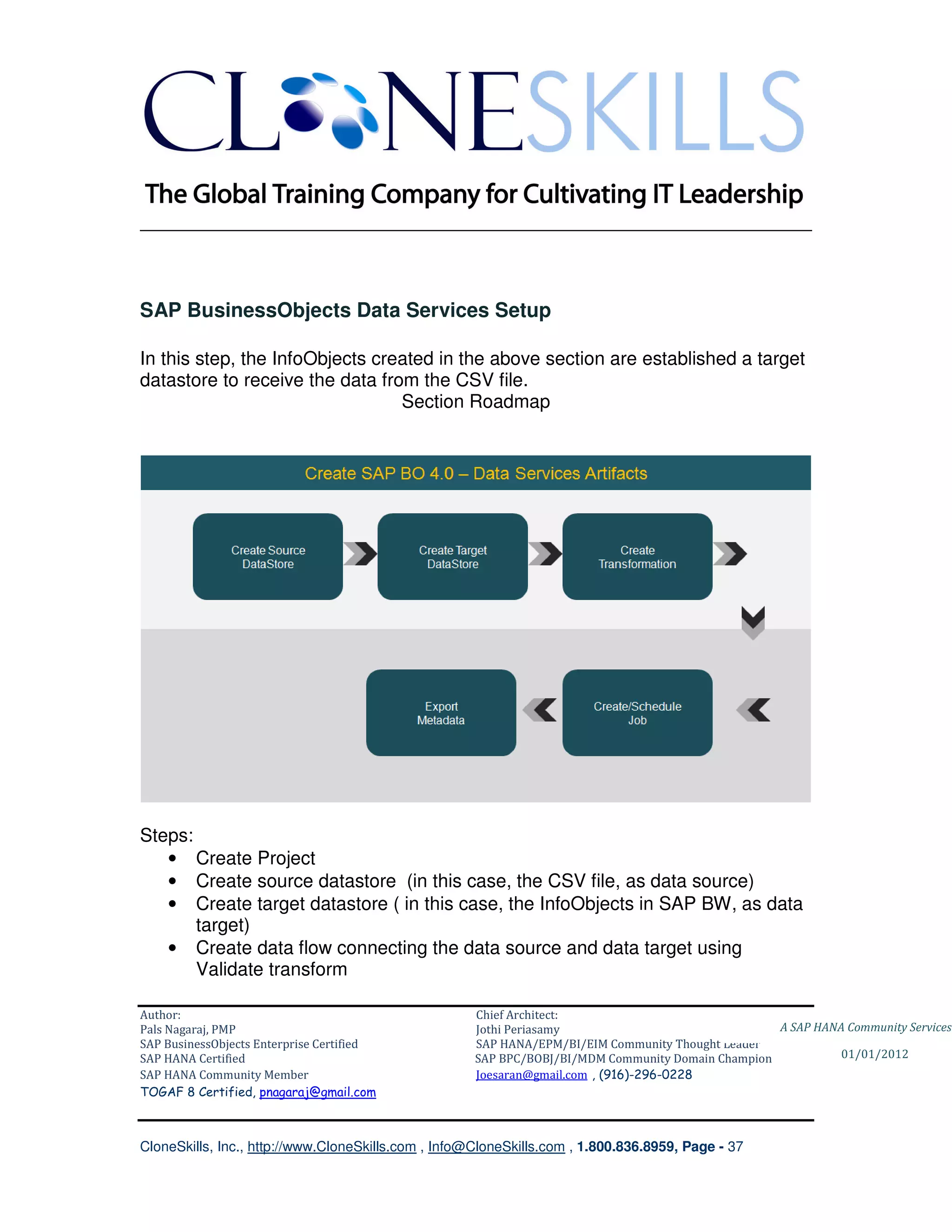 ________________________________________________________________________



SAP BusinessObjects Data Services Setup

In this step, the InfoObjects created in the above section are established a target
datastore to receive the data from the CSV file.
                                 Section Roadmap




Steps:
   • Create Project
   • Create source datastore (in this case, the CSV file, as data source)
   • Create target datastore ( in this case, the InfoObjects in SAP BW, as data
       target)
   • Create data flow connecting the data source and data target using
       Validate transform

Author:                                              Chief Architect:
Pals Nagaraj, PMP                                    Jothi Periasamy                               A SAP HANA Community Services
SAP BusinessObjects Enterprise Certified             SAP HANA/EPM/BI/EIM Community Thought Leader
SAP HANA Certified                                   SAP BPC/BOBJ/BI/MDM Community Domain Champion           01/01/2012
SAP HANA Community Member                            Joesaran@gmail.com , (916)-296-0228
TOGAF 8 Certified, pnagaraj@gmail.com



CloneSkills, Inc., http://www.CloneSkills.com , Info@CloneSkills.com , 1.800.836.8959, Page - 37
 
