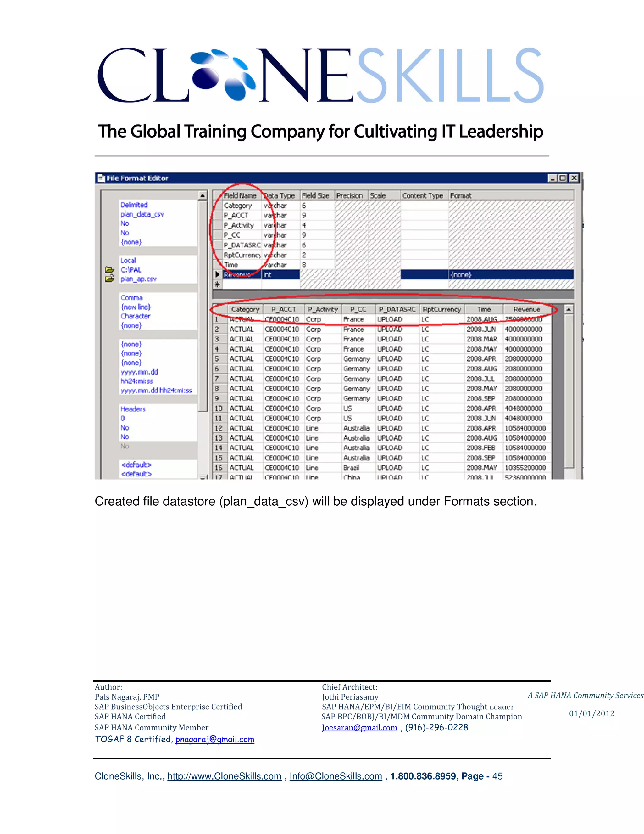 ________________________________________________________________________




Created file datastore (plan_data_csv) will be displayed under Formats section.




Author:                                              Chief Architect:
Pals Nagaraj, PMP                                    Jothi Periasamy                               A SAP HANA Community Services
SAP BusinessObjects Enterprise Certified             SAP HANA/EPM/BI/EIM Community Thought Leader
SAP HANA Certified                                   SAP BPC/BOBJ/BI/MDM Community Domain Champion           01/01/2012
SAP HANA Community Member                            Joesaran@gmail.com , (916)-296-0228
TOGAF 8 Certified, pnagaraj@gmail.com



CloneSkills, Inc., http://www.CloneSkills.com , Info@CloneSkills.com , 1.800.836.8959, Page - 45
 