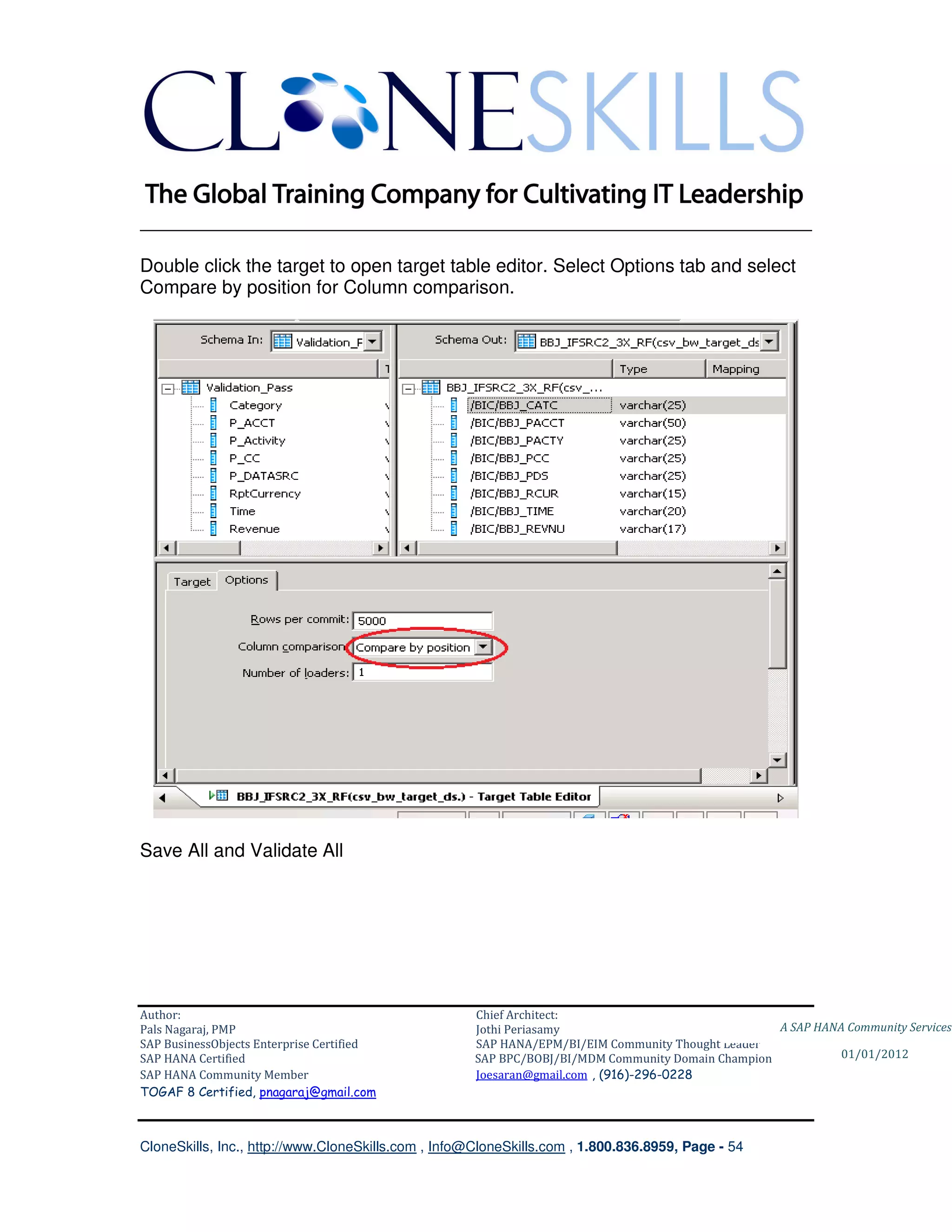 ________________________________________________________________________

Double click the target to open target table editor. Select Options tab and select
Compare by position for Column comparison.




Save All and Validate All




Author:                                              Chief Architect:
Pals Nagaraj, PMP                                    Jothi Periasamy                               A SAP HANA Community Services
SAP BusinessObjects Enterprise Certified             SAP HANA/EPM/BI/EIM Community Thought Leader
SAP HANA Certified                                   SAP BPC/BOBJ/BI/MDM Community Domain Champion           01/01/2012
SAP HANA Community Member                            Joesaran@gmail.com , (916)-296-0228
TOGAF 8 Certified, pnagaraj@gmail.com



CloneSkills, Inc., http://www.CloneSkills.com , Info@CloneSkills.com , 1.800.836.8959, Page - 54
 