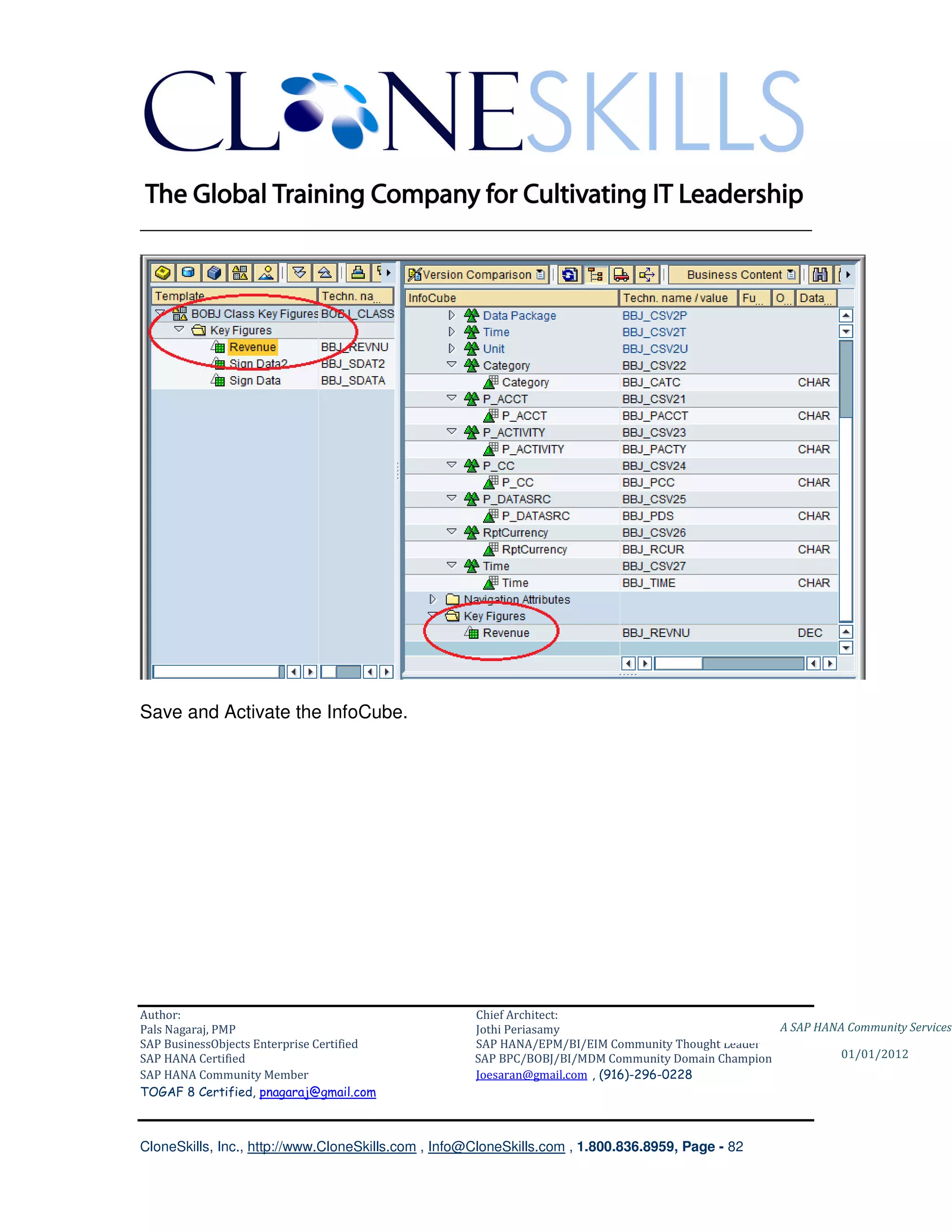 ________________________________________________________________________




Save and Activate the InfoCube.




Author:                                              Chief Architect:
Pals Nagaraj, PMP                                    Jothi Periasamy                               A SAP HANA Community Services
SAP BusinessObjects Enterprise Certified             SAP HANA/EPM/BI/EIM Community Thought Leader
SAP HANA Certified                                   SAP BPC/BOBJ/BI/MDM Community Domain Champion           01/01/2012
SAP HANA Community Member                            Joesaran@gmail.com , (916)-296-0228
TOGAF 8 Certified, pnagaraj@gmail.com



CloneSkills, Inc., http://www.CloneSkills.com , Info@CloneSkills.com , 1.800.836.8959, Page - 82
 