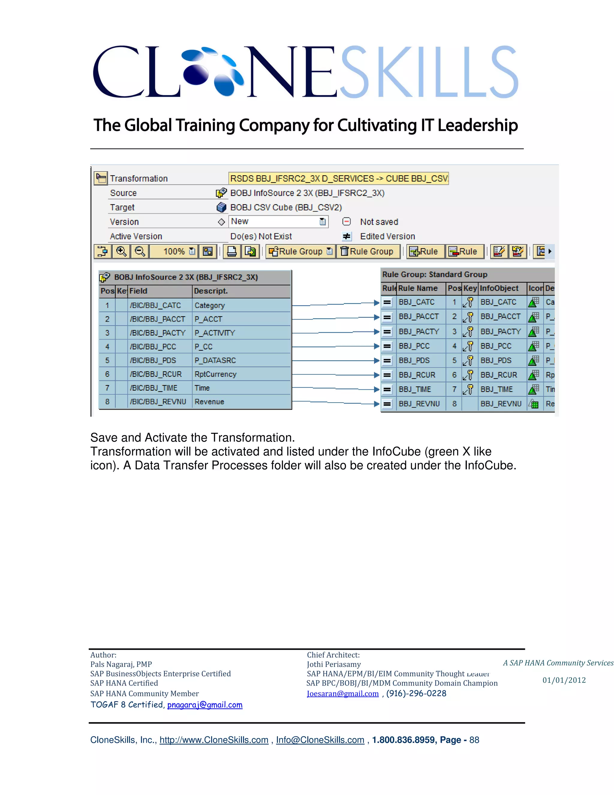 ________________________________________________________________________




Save and Activate the Transformation.
Transformation will be activated and listed under the InfoCube (green X like
icon). A Data Transfer Processes folder will also be created under the InfoCube.




Author:                                              Chief Architect:
Pals Nagaraj, PMP                                    Jothi Periasamy                               A SAP HANA Community Services
SAP BusinessObjects Enterprise Certified             SAP HANA/EPM/BI/EIM Community Thought Leader
SAP HANA Certified                                   SAP BPC/BOBJ/BI/MDM Community Domain Champion           01/01/2012
SAP HANA Community Member                            Joesaran@gmail.com , (916)-296-0228
TOGAF 8 Certified, pnagaraj@gmail.com



CloneSkills, Inc., http://www.CloneSkills.com , Info@CloneSkills.com , 1.800.836.8959, Page - 88
 