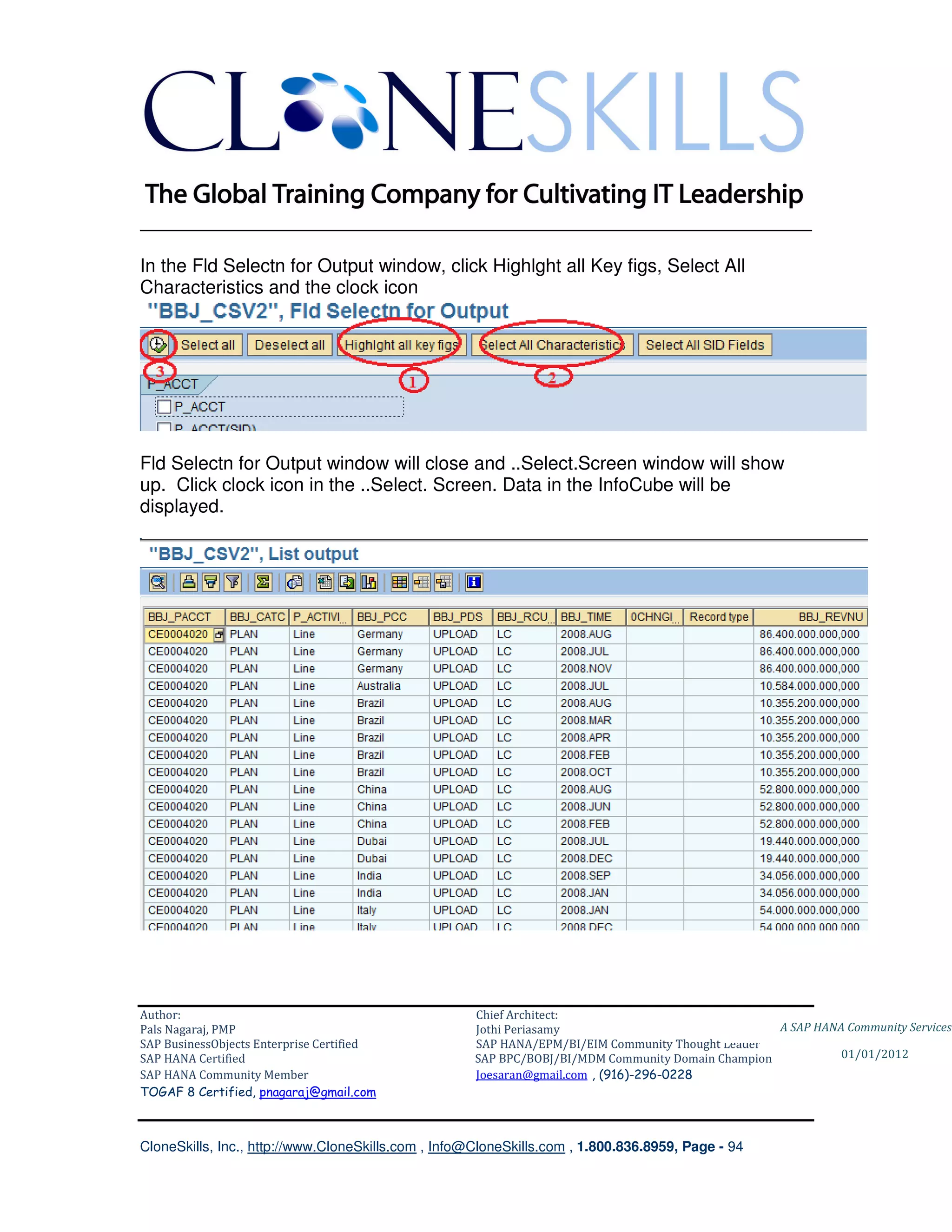 ________________________________________________________________________

In the Fld Selectn for Output window, click Highlght all Key figs, Select All
Characteristics and the clock icon




Fld Selectn for Output window will close and ..Select.Screen window will show
up. Click clock icon in the ..Select. Screen. Data in the InfoCube will be
displayed.




Author:                                              Chief Architect:
Pals Nagaraj, PMP                                    Jothi Periasamy                               A SAP HANA Community Services
SAP BusinessObjects Enterprise Certified             SAP HANA/EPM/BI/EIM Community Thought Leader
SAP HANA Certified                                   SAP BPC/BOBJ/BI/MDM Community Domain Champion           01/01/2012
SAP HANA Community Member                            Joesaran@gmail.com , (916)-296-0228
TOGAF 8 Certified, pnagaraj@gmail.com



CloneSkills, Inc., http://www.CloneSkills.com , Info@CloneSkills.com , 1.800.836.8959, Page - 94
 