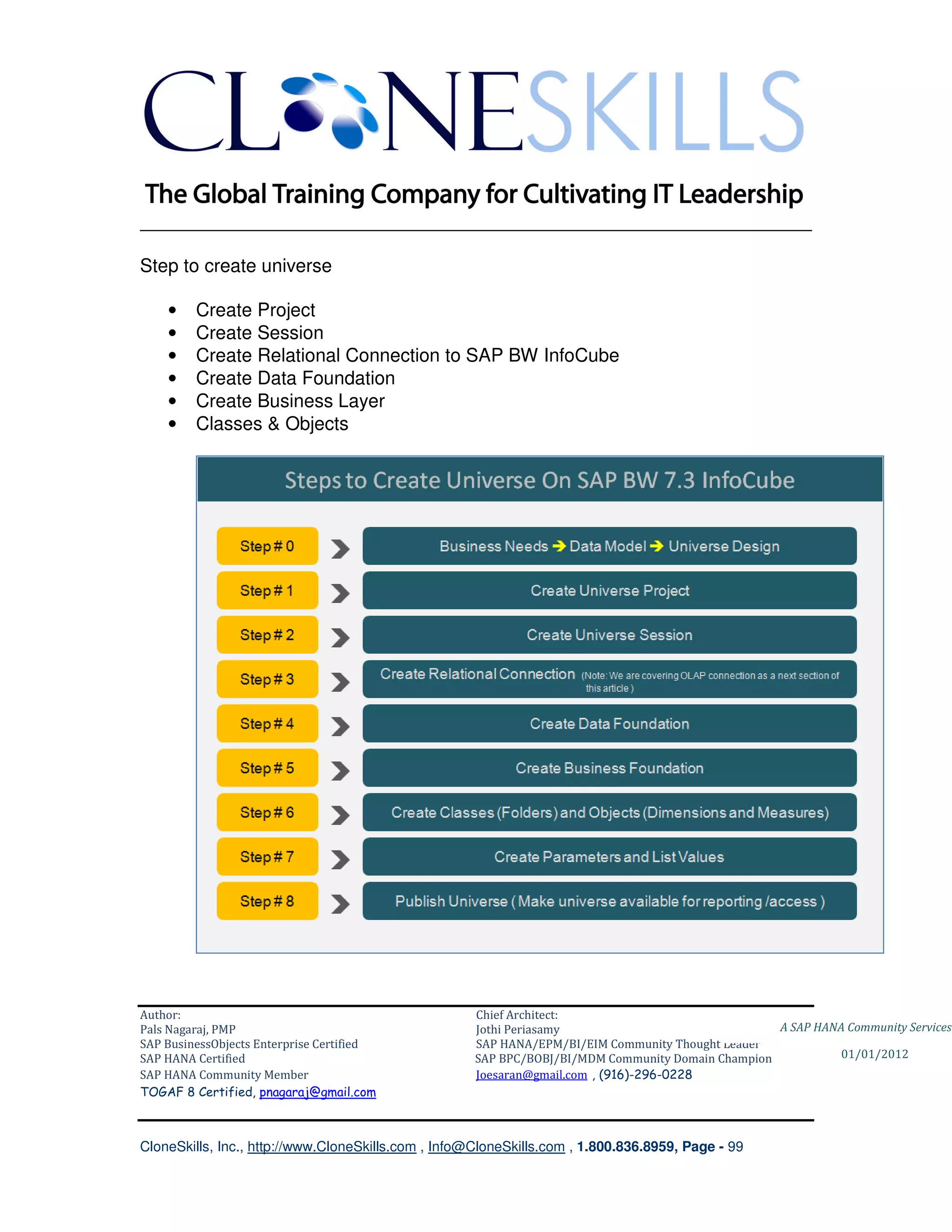 ________________________________________________________________________

Step to create universe

    •    Create Project
    •    Create Session
    •    Create Relational Connection to SAP BW InfoCube
    •    Create Data Foundation
    •    Create Business Layer
    •    Classes & Objects




Author:                                              Chief Architect:
Pals Nagaraj, PMP                                    Jothi Periasamy                               A SAP HANA Community Services
SAP BusinessObjects Enterprise Certified             SAP HANA/EPM/BI/EIM Community Thought Leader
SAP HANA Certified                                   SAP BPC/BOBJ/BI/MDM Community Domain Champion           01/01/2012
SAP HANA Community Member                            Joesaran@gmail.com , (916)-296-0228
TOGAF 8 Certified, pnagaraj@gmail.com



CloneSkills, Inc., http://www.CloneSkills.com , Info@CloneSkills.com , 1.800.836.8959, Page - 99
 