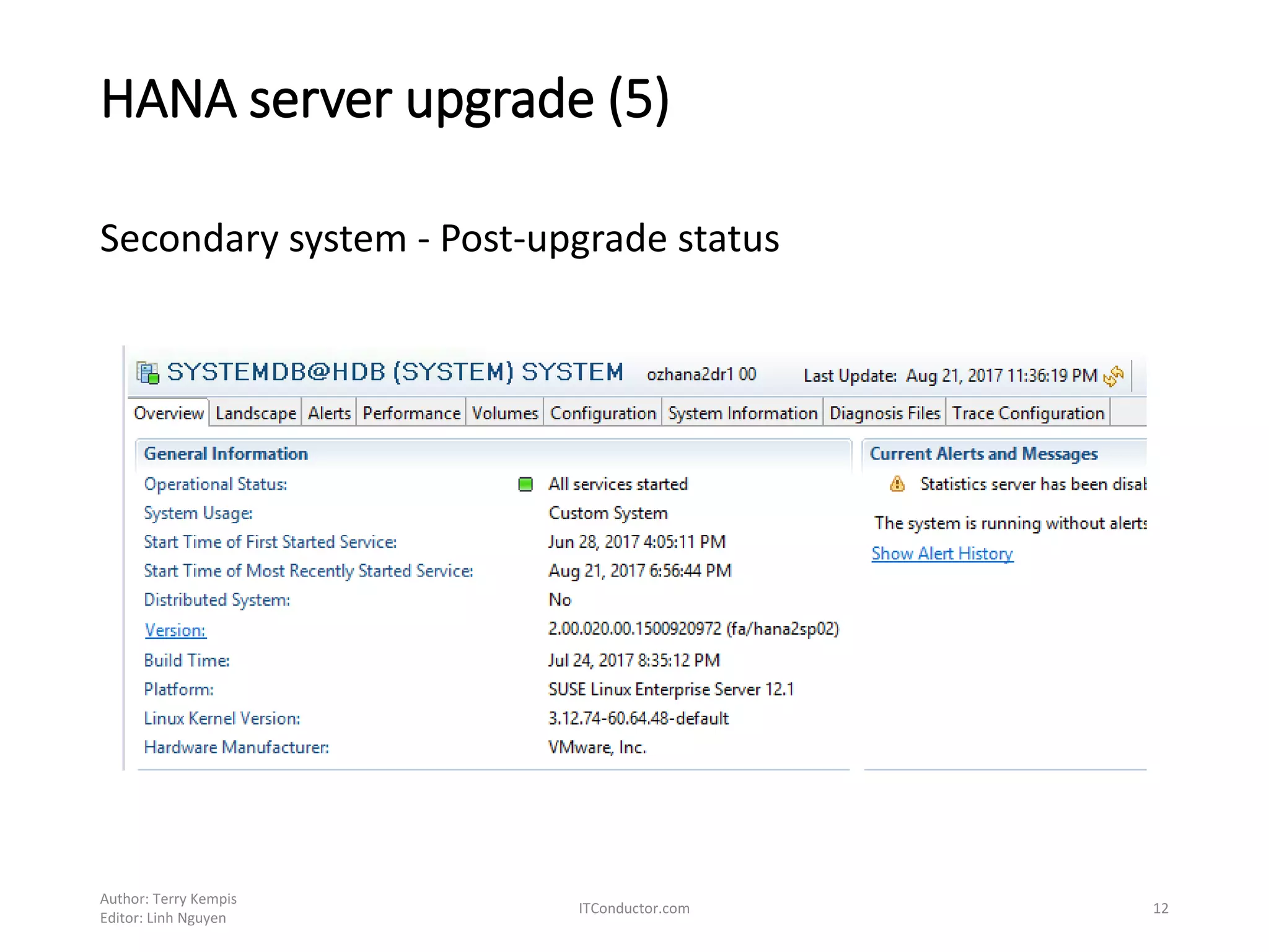 HANA server upgrade (5)
Secondary system - Post-upgrade status
Author: Terry Kempis
Editor: Linh Nguyen
ITConductor.com 12
 