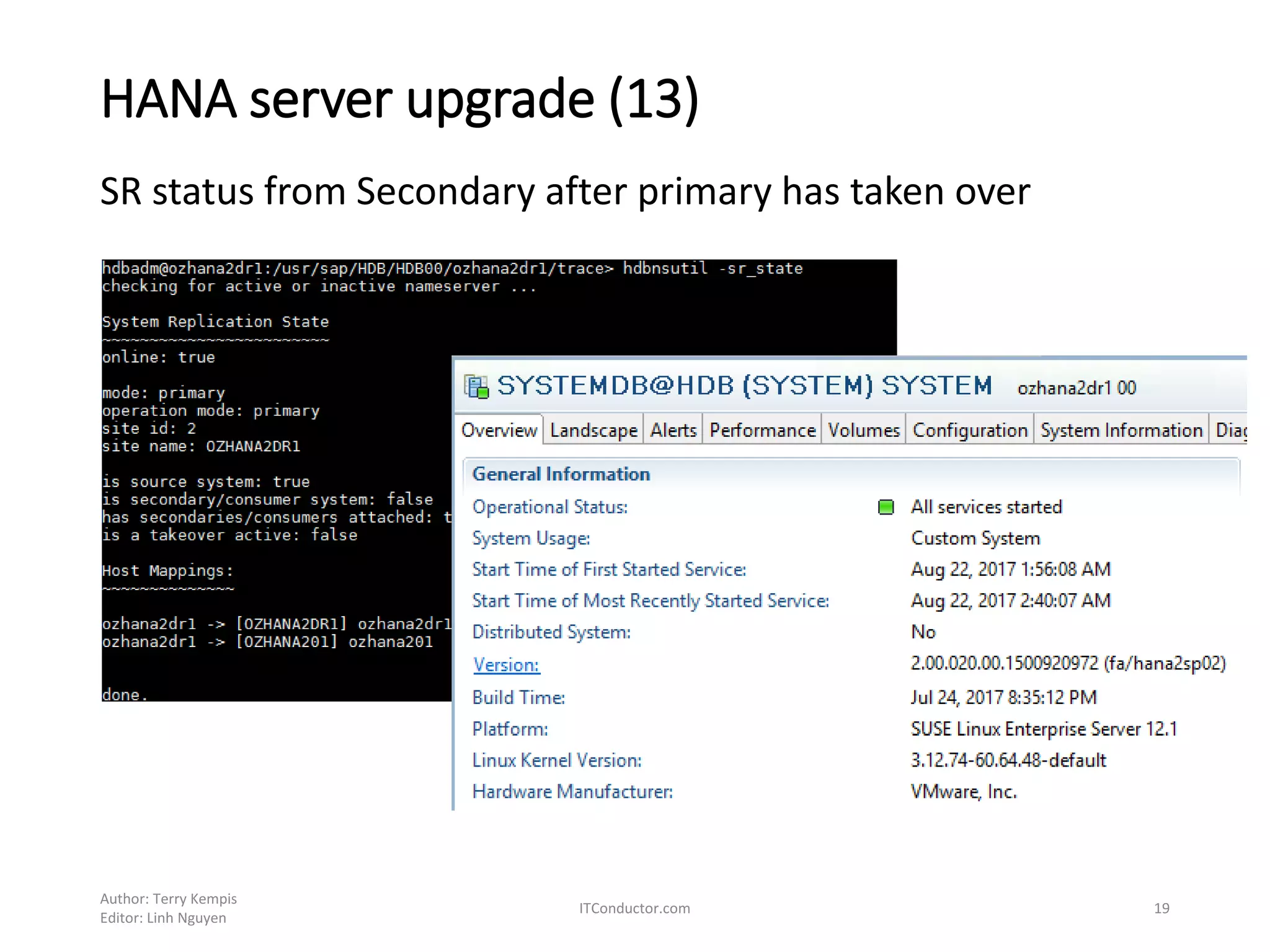 HANA server upgrade (13)
Author: Terry Kempis
Editor: Linh Nguyen
ITConductor.com 19
SR status from Secondary after primary has taken over
 