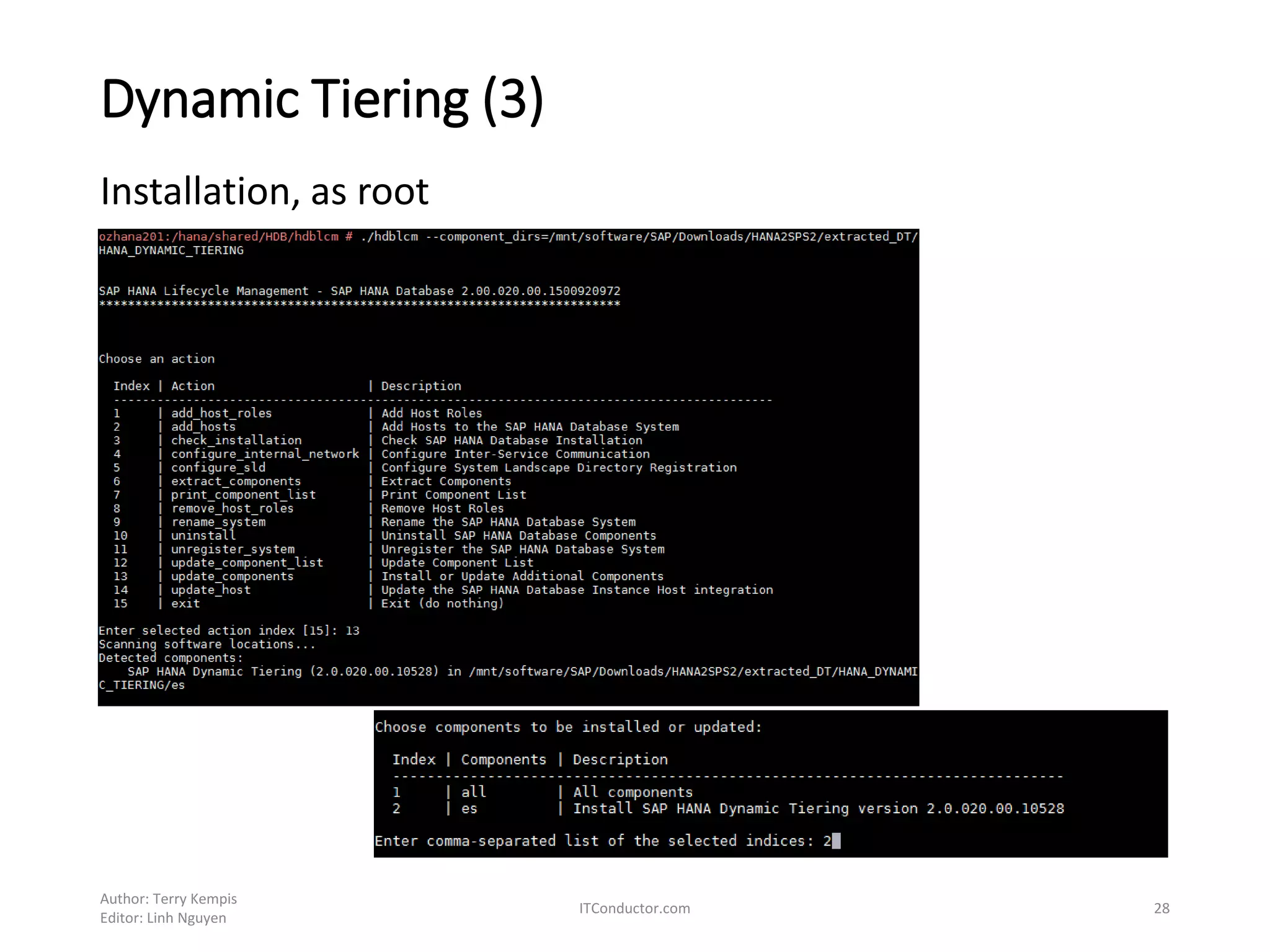 Dynamic Tiering (3)
Installation, as root
Author: Terry Kempis
Editor: Linh Nguyen
ITConductor.com 28
 