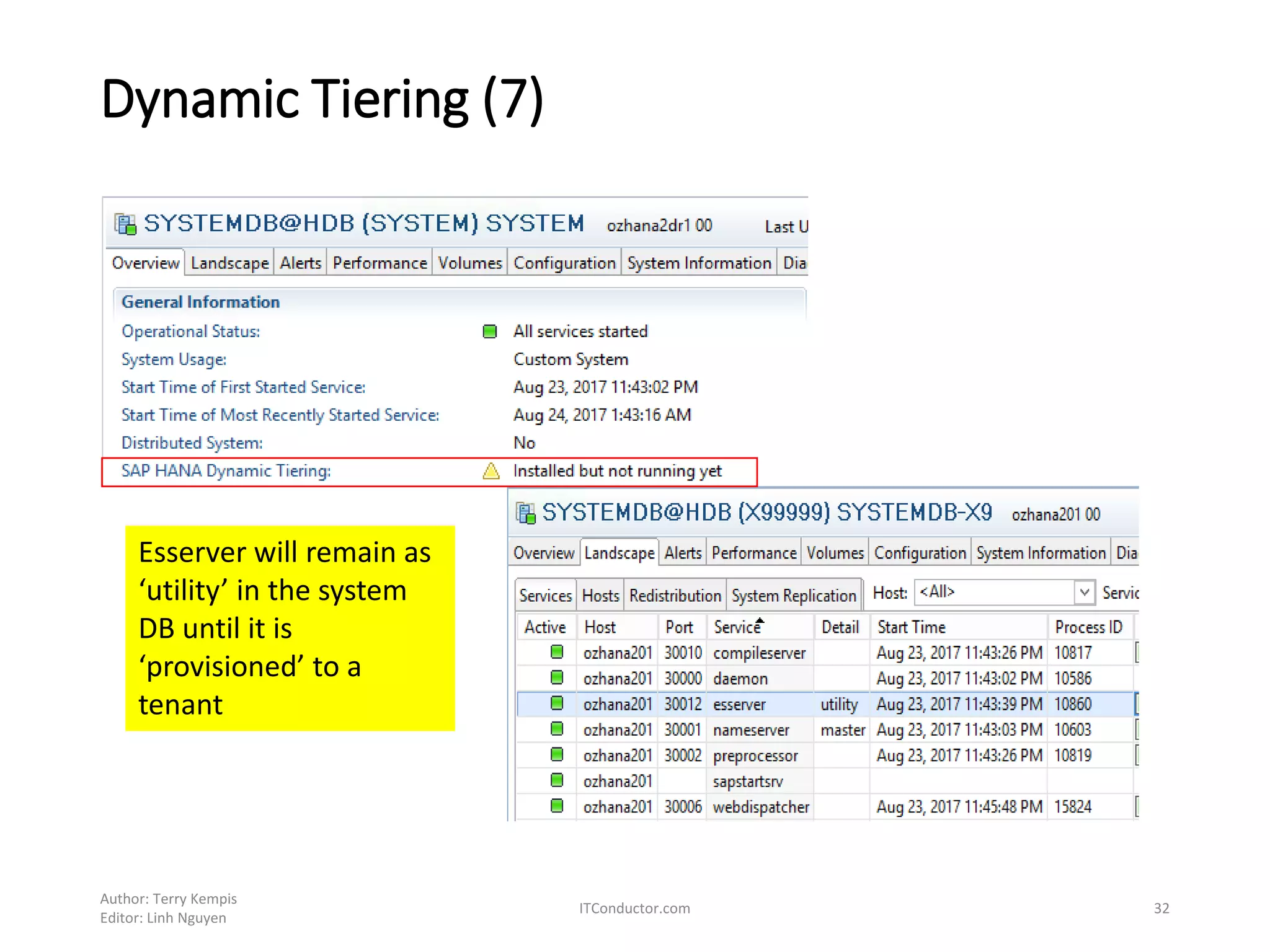 Dynamic Tiering (7)
Author: Terry Kempis
Editor: Linh Nguyen
ITConductor.com 32
Esserver will remain as
‘utility’ in the system
DB until it is
‘provisioned’ to a
tenant
 