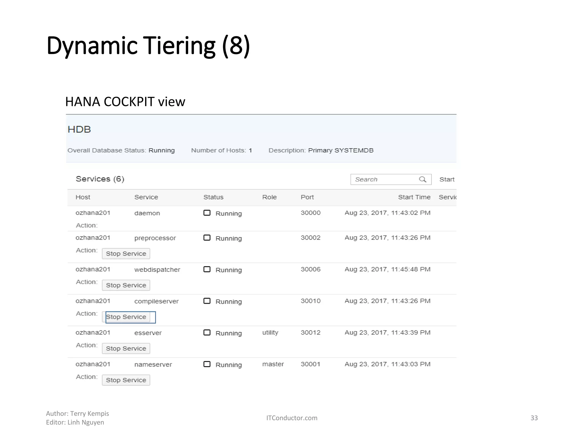 Dynamic Tiering (8)
Author: Terry Kempis
Editor: Linh Nguyen
ITConductor.com 33
HANA COCKPIT view
 