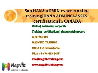 Online | classroom| Corporate
Training | certifications | placements| support
CONTACT US:
MAGNIFIC TRAINING
INDIA +91-9052666559
USA : +1-678-693-3475
info@magnifictraining.com
www.magnifictraining.com
Sap HANA ADMIN experts online
training|HANA ADMINCLASSES-
certification in CANADA
 