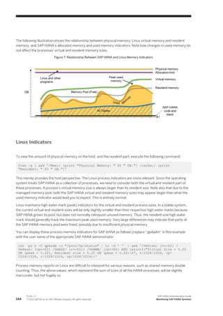 The following illustration shows the relationship between physical memory, Linux virtual memory and resident
memory, and SAP HANA's allocated memory and used memory indicators. Note how changes in used memory do
not affect the processes' virtual and resident memory sizes.
Figure 7: Relationship Between SAP HANA and Linux Memory Indicators
Linux Indicators
To view the amount of physical memory on the host, and the resident part, execute the following command:
free –g | awk '/Mem:/ {print "Physical Memory: " $2 " GB."} /cache:/ {print
"Resident: " $3 " GB."}'
This merely provides the host perspective. The Linux process indicators are more relevant. Since the operating
system treats SAP HANA as a collection of processes, we need to consider both the virtual and resident part of
these processes. A process's virtual memory size is always larger than its resident size. Note also that due to the
managed memory pool, both the SAP HANA virtual and resident memory sizes may appear larger than what the
used memory indicator would lead you to expect. This is entirely normal.
Linux maintains high water mark (peak) indicators for the virtual and resident process sizes. In a stable system,
the current virtual and resident sizes will be only slightly smaller than their respective high water marks because
SAP HANA grows its pool, but does not normally relinquish unused memory. Thus, the resident size high water
mark should generally track the maximum peak used memory. Very large differences may indicate that parts of
the SAP HANA memory pool were freed, possibly due to insufficient physical memory.
You can display these process memory indicators for SAP HANA as follows (replace “qp4adm” in this example
with the user name of the appropriate SAP HANA administrator:
cat `ps h -U qp4adm -o "/proc/%p/status" | tr -d ' '` | awk '/VmSize/ {v+=$2} /
VmPeak/ {vp+=$2} /VmRSS/ {r+=$2;} /VmHWM/ {rp+=$2} END {printf("Virtual Size = %.2f
GB (peak = %.2f), Resident size = %.2f GB (peak = %.2f)n", v/1024/1024, vp/
1024/1024, r/1024/1024, rp/1024/1024)}'
Process memory reports on Linux are difficult to interpret for various reasons, such as shared-memory double
counting. Thus, the above values, which represent the sum of sizes of all the HANA processes, will be slightly
inaccurate, but not hugely so.
144
P U B L I C
© 2013 SAP AG or an SAP affiliate company. All rights reserved.
SAP HANA Administration Guide
Monitoring SAP HANA Systems
 