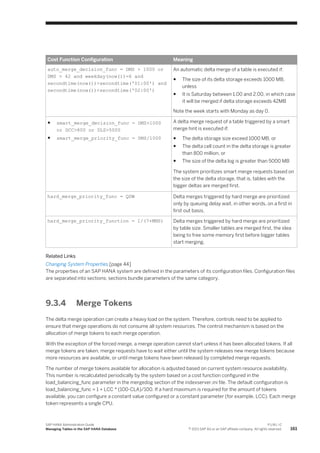 Cost Function Configuration Meaning
auto_merge_decision_func = DMS > 1000 or
DMS > 42 and weekday(now())=6 and
secondtime(now())>secondtime('01:00') and
secondtime(now())<secondtime('02:00')
An automatic delta merge of a table is executed if:
● The size of its delta storage exceeds 1000 MB,
unless
● It is Saturday between 1.00 and 2.00, in which case
it will be merged if delta storage exceeds 42MB
Note the week starts with Monday as day 0.
● smart_merge_decision_func = DMS>1000
or DCC>800 or DLS>5000
● smart_merge_priority_func = DMS/1000
A delta merge request of a table triggered by a smart
merge hint is executed if:
● The delta storage size exceed 1000 MB, or
● The delta cell count in the delta storage is greater
than 800 million, or
● The size of the delta log is greater than 5000 MB
The system prioritizes smart merge requests based on
the size of the delta storage, that is, tables with the
bigger deltas are merged first.
hard_merge_priority_func = QDW Delta merges triggered by hard merge are prioritized
only by queuing delay wait, in other words, on a first in
first out basis.
hard_merge_priority_function = 1/(7+MMS) Delta merges triggered by hard merge are prioritized
by table size. Smaller tables are merged first, the idea
being to free some memory first before bigger tables
start merging.
Related Links
Changing System Properties [page 44]
The properties of an SAP HANA system are defined in the parameters of its configuration files. Configuration files
are separated into sections; sections bundle parameters of the same category.
9.3.4 Merge Tokens
The delta merge operation can create a heavy load on the system. Therefore, controls need to be applied to
ensure that merge operations do not consume all system resources. The control mechanism is based on the
allocation of merge tokens to each merge operation.
With the exception of the forced merge, a merge operation cannot start unless it has been allocated tokens. If all
merge tokens are taken, merge requests have to wait either until the system releases new merge tokens because
more resources are available, or until merge tokens have been released by completed merge requests.
The number of merge tokens available for allocation is adjusted based on current system resource availability.
This number is recalculated periodically by the system based on a cost function configured in the
load_balancing_func parameter in the mergedog section of the indexserver.ini file. The default configuration is
load_balancing_func = 1 + LCC * (100-CLA)/100. If a hard maximum is required for the amount of tokens
available, you can configure a constant value configured or a constant parameter (for example, LCC). Each merge
token represents a single CPU.
SAP HANA Administration Guide
Managing Tables in the SAP HANA Database
P U B L I C
© 2013 SAP AG or an SAP affiliate company. All rights reserved. 161
 