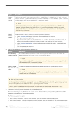 Option Description
Column
Table
Format
The file format used for export can be either CSV or binary. Exports in binary format are faster and more
compact. However, CSV format is better if you need to use the data in a non-SAP HANA system. It also has
the advantage of being human readable. CSV is selected by default.
Note
Column-store tables, procedures, and sequences can be exported in either binary or CSV format.
However, row-store tables can be exported only in CSV format. If you trigger an export of catalog
objects that includes row-store tables but you select binary as the format, the row-store tables will be
exported but in CSV format.
Export
Catalog
Objects
Using the following options, you can configure the scope of the export:
○ Select Including Data to export both object definitions and data are exported.
This option is selected by default.
If you deselect this option, only object definitions are exported. This may be useful, for example, if
want to copy only the table definition in order to create a new table with the same structure.
○ Select Including Dependencies to export dependent objects of selected objects, that is triggers and
indexes.
This option is selected by default.
4. Specify the location to which the file is to be exported:
Option Description
Export Catalog
Objects on Server
The selected catalog objects are saved to a directory on the database server file system. The
default directory is /usr/sap/<SID>/<instance>/work.
Note
If you want to specify a different directory in the server's file system, it must already exist and
the database must be authorized to access it.
Export Catalog
Objects to Current
Client
The selected catalog objects are saved in the specified directory on the client file system.
Note
The specified directory must be empty. You can specify a directory that does not exist; it will be
created when you start the export.
Recommendation
For the export of small tables or catalog-only exports, a CSV export to the client file system is appropriate.
However, keep the maximum file size of your operating system in mind.
A binary export on the server is recommended for large exports (for example, exports over 2 GB).
5. Enter the number of parallel threads to be used for the export.
The more threads you use, the faster the export will be. This does however impact the performance of the
database as more threads use more resources.
The following guidelines apply:
○ For a view or procedure, use 2 or more threads, up to the number of dependent objects.
○ For a whole schema, consider using more than 10 threads, up to the number of CPU cores in the system.
174
P U B L I C
© 2013 SAP AG or an SAP affiliate company. All rights reserved.
SAP HANA Administration Guide
Managing Tables in the SAP HANA Database
 
