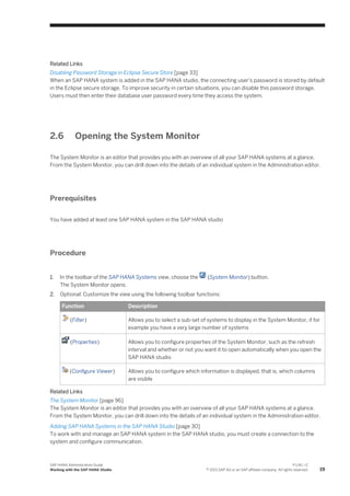 Related Links
Disabling Password Storage in Eclipse Secure Store [page 33]
When an SAP HANA system is added in the SAP HANA studio, the connecting user's password is stored by default
in the Eclipse secure storage. To improve security in certain situations, you can disable this password storage.
Users must then enter their database user password every time they access the system.
2.6 Opening the System Monitor
The System Monitor is an editor that provides you with an overview of all your SAP HANA systems at a glance.
From the System Monitor, you can drill down into the details of an individual system in the Administration editor.
Prerequisites
You have added at least one SAP HANA system in the SAP HANA studio
Procedure
1. In the toolbar of the SAP HANA Systems view, choose the (System Monitor) button.
The System Monitor opens.
2. Optional: Customize the view using the following toolbar functions:
Function Description
(Filter) Allows you to select a sub-set of systems to display in the System Monitor, if for
example you have a very large number of systems
(Properties) Allows you to configure properties of the System Monitor, such as the refresh
interval and whether or not you want it to open automatically when you open the
SAP HANA studio
(Configure Viewer) Allows you to configure which information is displayed, that is, which columns
are visible
Related Links
The System Monitor [page 96]
The System Monitor is an editor that provides you with an overview of all your SAP HANA systems at a glance.
From the System Monitor, you can drill down into the details of an individual system in the Administration editor.
Adding SAP HANA Systems in the SAP HANA Studio [page 30]
To work with and manage an SAP HANA system in the SAP HANA studio, you must create a connection to the
system and configure communication.
SAP HANA Administration Guide
Working with the SAP HANA Studio
P U B L I C
© 2013 SAP AG or an SAP affiliate company. All rights reserved. 19
 