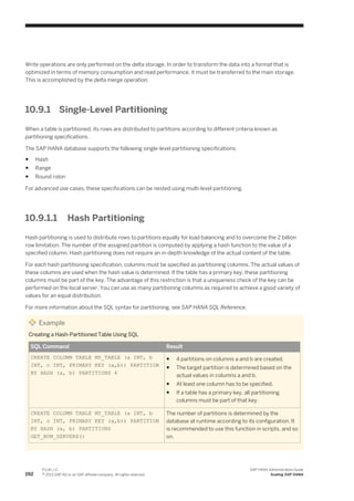 Write operations are only performed on the delta storage. In order to transform the data into a format that is
optimized in terms of memory consumption and read performance, it must be transferred to the main storage.
This is accomplished by the delta merge operation.
10.9.1 Single-Level Partitioning
When a table is partitioned, its rows are distributed to partitions according to different criteria known as
partitioning specifications.
The SAP HANA database supports the following single-level partitioning specifications:
● Hash
● Range
● Round robin
For advanced use cases, these specifications can be nested using multi-level partitioning.
10.9.1.1 Hash Partitioning
Hash partitioning is used to distribute rows to partitions equally for load balancing and to overcome the 2 billion
row limitation. The number of the assigned partition is computed by applying a hash function to the value of a
specified column. Hash partitioning does not require an in-depth knowledge of the actual content of the table.
For each hash partitioning specification, columns must be specified as partitioning columns. The actual values of
these columns are used when the hash value is determined. If the table has a primary key, these partitioning
columns must be part of the key. The advantage of this restriction is that a uniqueness check of the key can be
performed on the local server. You can use as many partitioning columns as required to achieve a good variety of
values for an equal distribution.
For more information about the SQL syntax for partitioning, see SAP HANA SQL Reference.
Example
Creating a Hash-Partitioned Table Using SQL
SQL Command Result
CREATE COLUMN TABLE MY_TABLE (a INT, b
INT, c INT, PRIMARY KEY (a,b)) PARTITION
BY HASH (a, b) PARTITIONS 4
● 4 partitions on columns a and b are created.
● The target partition is determined based on the
actual values in columns a and b.
● At least one column has to be specified.
● If a table has a primary key, all partitioning
columns must be part of that key.
CREATE COLUMN TABLE MY_TABLE (a INT, b
INT, c INT, PRIMARY KEY (a,b)) PARTITION
BY HASH (a, b) PARTITIONS
GET_NUM_SERVERS()
The number of partitions is determined by the
database at runtime according to its configuration. It
is recommended to use this function in scripts, and so
on.
192
P U B L I C
© 2013 SAP AG or an SAP affiliate company. All rights reserved.
SAP HANA Administration Guide
Scaling SAP HANA
 