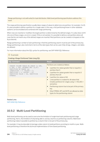 Range partitioning is not well suited for load distribution. Multi-level partitioning specifications address this
issue.
The range partitioning specification usually takes ranges of values to determine one partition, for example, 1 to 10.
It is also possible to define a partition for a single value. In this way, a list partitioning known in other database
systems can be emulated and combined with range partitioning.
When rows are inserted or modified, the target partition is determined by the defined ranges. If a value does not fit
into one of these ranges, an error is raised. If this is not wanted, it is possible to define a rest partition where all
rows that do not match any of the defined ranges are inserted. Rest partitions can be created or dropped on-the-
fly as desired.
Range partitioning is similar to hash partitioning in that the partitioning column must be part of the primary key.
Range partitioning is also restricted in terms of the data types that can be used. Only strings, integers, and dates
are allowed.
For more information about the SQL syntax for partitioning, see SAP HANA SQL Reference.
Example
Creating a Range-Partitioned Table Using SQL
SQL Command Result
CREATE COLUMN TABLE MY_TABLE (a INT,
b INT, c INT, PRIMARY KEY (a,b))
PARTITION BY RANGE (a)
(PARTITION 1 <= VALUES < 5,
PARTITION 5 <= VALUES < 20,
PARTITION VALUE = 44, PARTITION
OTHERS)
Partitions are created as follows:
● 1 partition for values greater than or equal to 1
and less than 5
● 1 partition for values greater than or equal to 5
and less than 20
● 1 partition for values of 44
● 1 rest partition is created for all values that
Creates partitions for ranges using <= VALUES <
semantics
● Partitioning column has to be part of the primary
key
● Only STRING, INT and DATE are allowed as data
types for the partitioning column
Related Links
SAP HANA SQL Reference
10.9.2 Multi-Level Partitioning
Multi-level partitioning can be used to overcome the limitation of single-level hash partitioning and range
partitioning, that is, the limitation of only being able to use key columns as partitioning columns. Multi-level
partitioning makes it possible to partition by a column that is not part of the primary key.
For example, it may be desirable to leverage a date column to build partitions according to month or year. Multi-
level partitioning is therefore the technical implementation of time-based partitioning.
194
P U B L I C
© 2013 SAP AG or an SAP affiliate company. All rights reserved.
SAP HANA Administration Guide
Scaling SAP HANA
 
