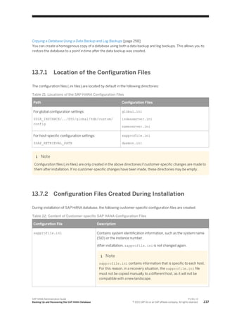 Copying a Database Using a Data Backup and Log Backups [page 258]
You can create a homogenous copy of a database using both a data backup and log backups. This allows you to
restore the database to a point in time after the data backup was created.
13.7.1 Location of the Configuration Files
The configuration files (.ini files) are located by default in the following directories:
Table 21: Locations of the SAP HANA Configuration Files
Path Configuration Files
For global configuration settings:
$DIR_INSTANCE/../SYS/global/hdb/custom/
config
global.ini
indexserver.ini
nameserver.ini
For host-specific configuration settings:
$SAP_RETRIEVAL_PATH
sapprofile.ini
daemon.ini
Note
Configuration files (.ini files) are only created in the above directories if customer-specific changes are made to
them after installation. If no customer-specific changes have been made, these directories may be empty.
13.7.2 Configuration Files Created During Installation
During installation of SAP HANA database, the following customer-specific configuration files are created:
Table 22: Content of Customer-specific SAP HANA Configuration Files
Configuration File Description
sapprofile.ini Contains system identification information, such as the system name
(SID) or the instance number.
After installation, sapprofile.ini is not changed again.
Note
sapprofile.ini contains information that is specific to each host.
For this reason, in a recovery situation, the sapprofile.ini file
must not be copied manually to a different host, as it will not be
compatible with a new landscape.
SAP HANA Administration Guide
Backing Up and Recovering the SAP HANA Database
P U B L I C
© 2013 SAP AG or an SAP affiliate company. All rights reserved. 237
 