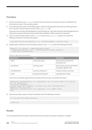 Procedure
1. On the command line use hostname to check that the hostnames in the primary system are different from
the hostnames used in the secondary system.
2. In the Administration editor of SAP HANA studio, choose the Configuration tab and ensure that log_mode is
set to "normal" in the persistence section of the global.ini file.
Log mode normal means that log segments must be backed up. Log mode overwrite means log segments are
freed by the savepoint (therefore only useful for test installations without backup and recovery).
3. Log on to the secondary system as user <sid>adm and use the sapcontrol program to execute the
following command to shut down the system:
/usr/sap/hostctrl/exe/sapcontrol -nr <Instance_Number> –function Stop
4. Enable system replication on the secondary system as user <sid>adm with the following command:
hdbnsutil -sr_register --name=<secondary_alias>
--remoteHost=<primary_host> --remoteInstance=<primary_systemnr>
--mode=[sync|syncmem|async]
Table 31: hdbnsutil Call Options
Option Name Value Description
--name <secondary_alias> Alias used to represent the
secondary site
--remoteHost <primary_host> Name of the primary host that the
secondary registers with
--remoteInstance <primary_instancenr> Instance number of primary
--mode [sync|syncmem|async] Log replication modes
If you have successfully registered the secondary with the primary, you will see this output:
nameserver <hostname><port> not responding # ok, as server needs to be offline
for the registration
collecting information ...
sending registration request to primary site host <hostname><port>
updating local ini files ...
nameserver <hostname><port> not responding. # As comment above
done.
5. Start the secondary system in order to reinitialize it with the following command:
cd /usr/sap/<sid>/HDB<instancenr>
./HDB start
Results
You have registered the secondary system with the primary system and system replication is enabled.
280
P U B L I C
© 2013 SAP AG or an SAP affiliate company. All rights reserved.
SAP HANA Administration Guide
High Availability for SAP HANA
 