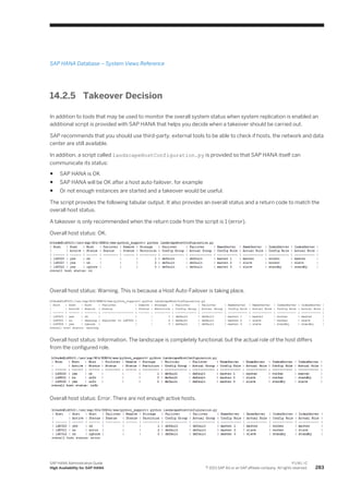 SAP HANA Database – System Views Reference
14.2.5 Takeover Decision
In addition to tools that may be used to monitor the overall system status when system replication is enabled an
additional script is provided with SAP HANA that helps you decide when a takeover should be carried out.
SAP recommends that you should use third-party, external tools to be able to check if hosts, the network and data
center are still available.
In addition, a script called landscapeHostConfiguration.py is provided so that SAP HANA itself can
communicate its status:
● SAP HANA is OK
● SAP HANA will be OK after a host auto-failover, for example
● Or not enough instances are started and a takeover would be useful.
The script provides the following tabular output. It also provides an overall status and a return code to match the
overall host status.
A takeover is only recommended when the return code from the script is 1 (error).
Overall host status: OK.
Overall host status: Warning. This is because a Host Auto-Failover is taking place.
Overall host status: Information. The landscape is completely functional, but the actual role of the host differs
from the configured role.
Overall host status: Error. There are not enough active hosts.
SAP HANA Administration Guide
High Availability for SAP HANA
P U B L I C
© 2013 SAP AG or an SAP affiliate company. All rights reserved. 283
 