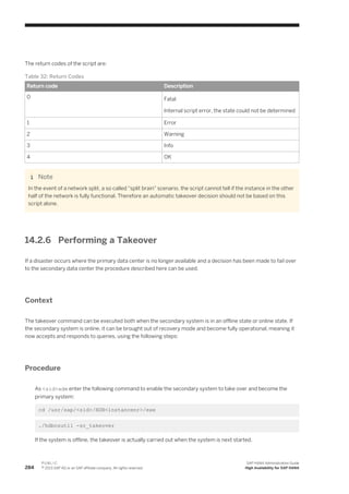 The return codes of the script are:
Table 32: Return Codes
Return code Description
0 Fatal
Internal script error, the state could not be determined
1 Error
2 Warning
3 Info
4 OK
Note
In the event of a network split, a so called "split brain" scenario, the script cannot tell if the instance in the other
half of the network is fully functional. Therefore an automatic takeover decision should not be based on this
script alone.
14.2.6 Performing a Takeover
If a disaster occurs where the primary data center is no longer available and a decision has been made to fail over
to the secondary data center the procedure described here can be used.
Context
The takeover command can be executed both when the secondary system is in an offline state or online state. If
the secondary system is online, it can be brought out of recovery mode and become fully operational, meaning it
now accepts and responds to queries, using the following steps:
Procedure
As <sid>adm enter the following command to enable the secondary system to take over and become the
primary system:
cd /usr/sap/<sid>/HDB<instancenr>/exe
./hdbnsutil -sr_takeover
If the system is offline, the takeover is actually carried out when the system is next started.
284
P U B L I C
© 2013 SAP AG or an SAP affiliate company. All rights reserved.
SAP HANA Administration Guide
High Availability for SAP HANA
 