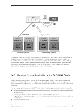 This solution shares the advantage with IP redirection that there are no client-specific configurations. Further, it
supports disaster recovery configurations where the primary and secondary standby systems may be in two
completely different network domains (separated by routers). One drawback of this solution is that modifying
DNS mappings requires a vendor-proprietary solution. Further, due to DNS caching in nodes (both clients and
intermediate network equipment), it may take a while (up to hours) until the DNS changes are propagated,
causing clients to experience downtime despite the recovery of the system.
14.3 Managing System Replication in the SAP HANA Studio
System replication is a mechanism for ensuring the high availability of your SAP HANA system. Through the
continuous replication of data from a primary to a secondary system, including in-memory loading, system
replication facilitates rapid failover in the event of a disaster. Productive operations can be resumed with minimal
downtime.
You can manage system replication in the SAP HANA studio. The following administration activities are possible:
● Performing the initial set-up, that is enabling system replication and establishing the connection between two
identical systems.
● Monitoring the status of system replication to ensure that both systems are in sync.
● Triggering failover to the secondary system in the event of a disaster and failback once the primary system is
available again.
● Disabling system replication.
SAP HANA Administration Guide
High Availability for SAP HANA
P U B L I C
© 2013 SAP AG or an SAP affiliate company. All rights reserved. 291
 