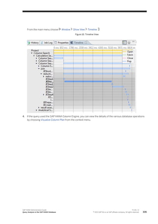 From the main menu choose Window Show View Timeline .
Figure 16: Timeline View
4. If the query used the SAP HANA Column Engine, you can view the details of the various database operations
by choosing Visualize Column Plan from the context menu.
SAP HANA Administration Guide
Query Analysis in the SAP HANA Database
P U B L I C
© 2013 SAP AG or an SAP affiliate company. All rights reserved. 335
 