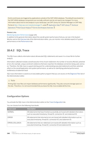 End-to-end traces are triggered by applications outside of the SAP HANA database. The default trace levels for
the SAP HANA database components are normally sufficient and do not need to be changed. For more
information about end-to-end analysis in your landscape, see SAP Library for Solution Manager on SAP Help
Portal at http://help.sap.com/solutionmanager71 under Application Help SAP Library Technical
Operations Root Cause Analysis End-to-End Analysis Overview .
Related Links
Monitoring System Performance [page 124]
In addition to the general information about the overall system performance that you can see in the System
Monitor and on the Overview tab of the Administration editor, you can monitor more detailed aspects of system
performance on the Performance tab.
18.4.2 SQL Trace
The SQL trace collects information about all executed SQL statements and saves it in a trace file for further
analysis.
Information collected includes overall execution time of each statement, the number of records affected, potential
errors (for example, unique constraint violations) that were reported, the database connection being used, and so
on. Therefore, the SQL trace is a good starting point for understanding executed statements and their potential
effect on the overall application and system performance, as well as for identifying potential performance
bottlenecks at statement level.
SQL trace information is saved as an executable python program that you can access on the Diagnosis Files tab of
the Administration editor.
Note
Writing SQL trace files can impact database performance significantly. They also consume storage space on
the disk. Therefore, it is not recommended that you leave the SQL trace enabled all the time.
Configuration Options
You activate the SQL trace in the Administration editor on the Trace Configuration tab.
You can choose from the following trace levels:
Trace Level Description
NORMAL All statements that have finished successfully are traced with detailed information
such as executed timestamp, thread ID, connection ID, and statement ID.
ERROR All statements that returned errors are traced with detailed information such as
executed timestamp, thread ID, connection ID, and statement ID.
ERROR_ROLLBACK All statements that are rolled back are traced with detailed information such as
executed timestmap, thread ID, connection ID and statement ID.
348
P U B L I C
© 2013 SAP AG or an SAP affiliate company. All rights reserved.
SAP HANA Administration Guide
Getting Support
 