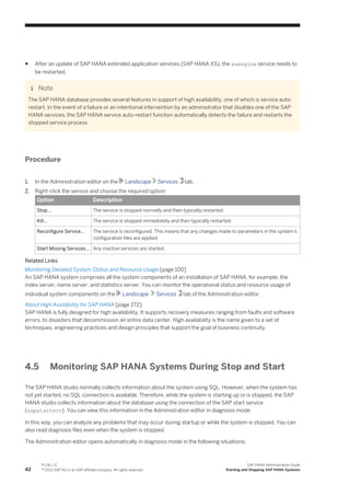 ● After an update of SAP HANA extended application services (SAP HANA XS), the xsengine service needs to
be restarted.
Note
The SAP HANA database provides several features in support of high availability, one of which is service auto-
restart. In the event of a failure or an intentional intervention by an administrator that disables one of the SAP
HANA services, the SAP HANA service auto-restart function automatically detects the failure and restarts the
stopped service process.
Procedure
1. In the Administration editor on the Landscape Services tab.
2. Right-click the service and choose the required option:
Option Description
Stop... The service is stopped normally and then typically restarted.
Kill... The service is stopped immediately and then typically restarted.
Reconfigure Service... The service is reconfigured. This means that any changes made to parameters in the system's
configuration files are applied.
Start Missing Services... Any inactive services are started.
Related Links
Monitoring Detailed System Status and Resource Usage [page 100]
An SAP HANA system comprises all the system components of an installation of SAP HANA, for example, the
index server, name server, and statistics server. You can monitor the operational status and resource usage of
individual system components on the Landscape Services tab of the Administration editor.
About High Availability for SAP HANA [page 272]
SAP HANA is fully designed for high availability. It supports recovery measures ranging from faults and software
errors, to disasters that decommission an entire data center. High availability is the name given to a set of
techniques, engineering practices and design principles that support the goal of business continuity.
4.5 Monitoring SAP HANA Systems During Stop and Start
The SAP HANA studio normally collects information about the system using SQL. However, when the system has
not yet started, no SQL connection is available. Therefore, while the system is starting up or is stopped, the SAP
HANA studio collects information about the database using the connection of the SAP start service
(sapstartsrv). You can view this information in the Administration editor in diagnosis mode.
In this way, you can analyze any problems that may occur during startup or while the system is stopped. You can
also read diagnosis files even when the system is stopped.
The Administration editor opens automatically in diagnosis mode in the following situations:
42
P U B L I C
© 2013 SAP AG or an SAP affiliate company. All rights reserved.
SAP HANA Administration Guide
Starting and Stopping SAP HANA Systems
 