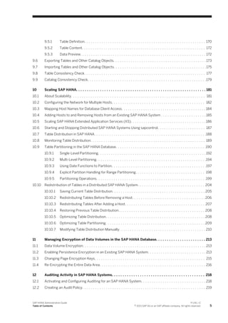 9.5.1 Table Definition. . . . . . . . . . . . . . . . . . . . . . . . . . . . . . . . . . . . . . . . . . . . . . . . . . . . . . . . 170
9.5.2 Table Content. . . . . . . . . . . . . . . . . . . . . . . . . . . . . . . . . . . . . . . . . . . . . . . . . . . . . . . . . 172
9.5.3 Data Preview. . . . . . . . . . . . . . . . . . . . . . . . . . . . . . . . . . . . . . . . . . . . . . . . . . . . . . . . . . 172
9.6 Exporting Tables and Other Catalog Objects. . . . . . . . . . . . . . . . . . . . . . . . . . . . . . . . . . . . . . . . . . . 173
9.7 Importing Tables and Other Catalog Objects. . . . . . . . . . . . . . . . . . . . . . . . . . . . . . . . . . . . . . . . . . .175
9.8 Table Consistency Check. . . . . . . . . . . . . . . . . . . . . . . . . . . . . . . . . . . . . . . . . . . . . . . . . . . . . . . . 177
9.9 Catalog Consistency Check. . . . . . . . . . . . . . . . . . . . . . . . . . . . . . . . . . . . . . . . . . . . . . . . . . . . . . .179
10 Scaling SAP HANA. . . . . . . . . . . . . . . . . . . . . . . . . . . . . . . . . . . . . . . . . . . . . . . . . . . . . . . . . . . . 181
10.1 About Scalability. . . . . . . . . . . . . . . . . . . . . . . . . . . . . . . . . . . . . . . . . . . . . . . . . . . . . . . . . . . . . . 181
10.2 Configuring the Network for Multiple Hosts. . . . . . . . . . . . . . . . . . . . . . . . . . . . . . . . . . . . . . . . . . . 182
10.3 Mapping Host Names for Database Client Access. . . . . . . . . . . . . . . . . . . . . . . . . . . . . . . . . . . . . . . 184
10.4 Adding Hosts to and Removing Hosts from an Existing SAP HANA System . . . . . . . . . . . . . . . . . . . . . 185
10.5 Scaling SAP HANA Extended Application Services (XS). . . . . . . . . . . . . . . . . . . . . . . . . . . . . . . . . . .186
10.6 Starting and Stopping Distributed SAP HANA Systems Using sapcontrol. . . . . . . . . . . . . . . . . . . . . . 187
10.7 Table Distribution in SAP HANA. . . . . . . . . . . . . . . . . . . . . . . . . . . . . . . . . . . . . . . . . . . . . . . . . . . .188
10.8 Monitoring Table Distribution. . . . . . . . . . . . . . . . . . . . . . . . . . . . . . . . . . . . . . . . . . . . . . . . . . . . . 189
10.9 Table Partitioning in the SAP HANA Database. . . . . . . . . . . . . . . . . . . . . . . . . . . . . . . . . . . . . . . . . .190
10.9.1 Single-Level Partitioning. . . . . . . . . . . . . . . . . . . . . . . . . . . . . . . . . . . . . . . . . . . . . . . . . . 192
10.9.2 Multi-Level Partitioning. . . . . . . . . . . . . . . . . . . . . . . . . . . . . . . . . . . . . . . . . . . . . . . . . . .194
10.9.3 Using Date Functions to Partition. . . . . . . . . . . . . . . . . . . . . . . . . . . . . . . . . . . . . . . . . . . .197
10.9.4 Explicit Partition Handling for Range Partitioning. . . . . . . . . . . . . . . . . . . . . . . . . . . . . . . . 198
10.9.5 Partitioning Operations. . . . . . . . . . . . . . . . . . . . . . . . . . . . . . . . . . . . . . . . . . . . . . . . . . .199
10.10 Redistribution of Tables in a Distributed SAP HANA System. . . . . . . . . . . . . . . . . . . . . . . . . . . . . . . 204
10.10.1 Saving Current Table Distribution. . . . . . . . . . . . . . . . . . . . . . . . . . . . . . . . . . . . . . . . . . . 205
10.10.2 Redistributing Tables Before Removing a Host. . . . . . . . . . . . . . . . . . . . . . . . . . . . . . . . . .206
10.10.3 Redistributing Tables After Adding a Host. . . . . . . . . . . . . . . . . . . . . . . . . . . . . . . . . . . . . 207
10.10.4 Restoring Previous Table Distribution. . . . . . . . . . . . . . . . . . . . . . . . . . . . . . . . . . . . . . . . 208
10.10.5 Optimizing Table Distribution. . . . . . . . . . . . . . . . . . . . . . . . . . . . . . . . . . . . . . . . . . . . . . 208
10.10.6 Optimizing Table Partitioning. . . . . . . . . . . . . . . . . . . . . . . . . . . . . . . . . . . . . . . . . . . . . . 209
10.10.7 Modifying Table Distribution Manually. . . . . . . . . . . . . . . . . . . . . . . . . . . . . . . . . . . . . . . . 210
11 Managing Encryption of Data Volumes in the SAP HANA Database. . . . . . . . . . . . . . . . . . . . . . . 213
11.1 Data Volume Encryption. . . . . . . . . . . . . . . . . . . . . . . . . . . . . . . . . . . . . . . . . . . . . . . . . . . . . . . . . 213
11.2 Enabling Persistence Encryption in an Existing SAP HANA System. . . . . . . . . . . . . . . . . . . . . . . . . . . 213
11.3 Changing Page Encryption Keys. . . . . . . . . . . . . . . . . . . . . . . . . . . . . . . . . . . . . . . . . . . . . . . . . . . 215
11.4 Re-Encrypting the Entire Data Area. . . . . . . . . . . . . . . . . . . . . . . . . . . . . . . . . . . . . . . . . . . . . . . . . 216
12 Auditing Activity in SAP HANA Systems. . . . . . . . . . . . . . . . . . . . . . . . . . . . . . . . . . . . . . . . . . . 218
12.1 Activating and Configuring Auditing for an SAP HANA System. . . . . . . . . . . . . . . . . . . . . . . . . . . . . . 218
12.2 Creating an Audit Policy. . . . . . . . . . . . . . . . . . . . . . . . . . . . . . . . . . . . . . . . . . . . . . . . . . . . . . . . . 219
SAP HANA Administration Guide
Table of Contents
P U B L I C
© 2013 SAP AG or an SAP affiliate company. All rights reserved. 5
 