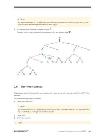 Note
Any user to whom user DEPVIEWER has granted the required privilege with authorization to grant further
could also grant the missing authorization to user BODOS.
6. In the authorization dependency viewer, choose .
There are now no invalid authorization dependencies; the procedure is valid ( ):
7.6 User Provisioning
As a database user with privileges for user management, you can set up other users to work with the SAP HANA
database.
The recommended process is as follows:
1. Define and create roles.
Note
It is recommended that you create roles in the repository of the SAP HANA database. This approach offers
more flexibility than creating them as runtime objects.
2. Create users.
3. Grant roles to users.
Note
SAP HANA Administration Guide
Managing SAP HANA Users
P U B L I C
© 2013 SAP AG or an SAP affiliate company. All rights reserved. 83
 