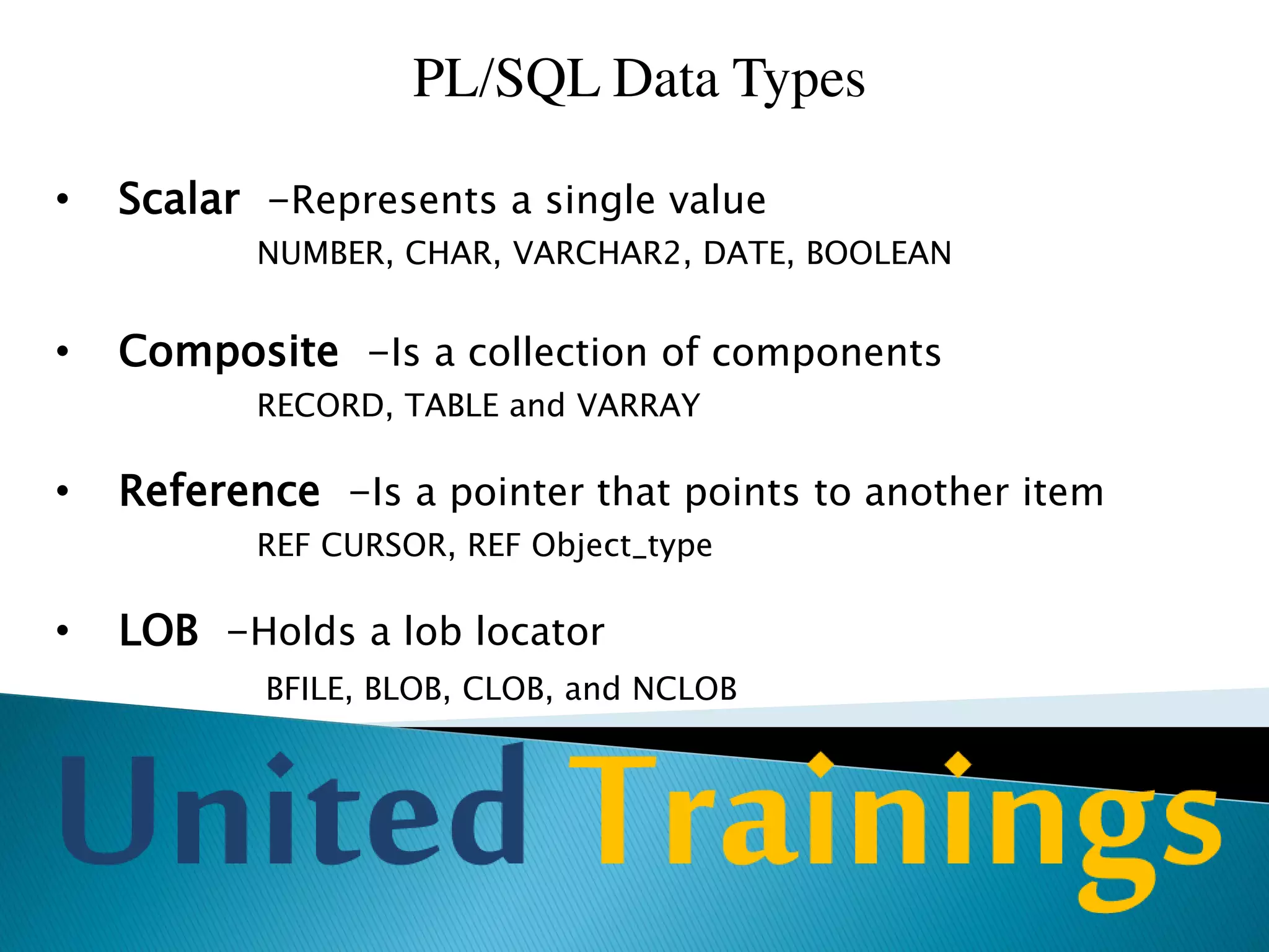 cursor
Oracle uses a work area to execute SQL commands and store
processing information. PL/SQL allows you to access this area
through a name using a cursor.
Implicit cursor
Explicit cursor
 