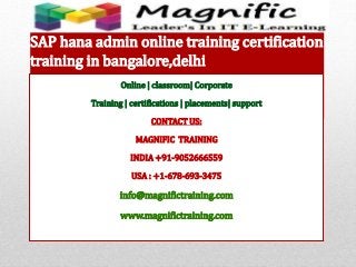 Online | classroom| Corporate
Training | certifications | placements| support
CONTACT US:
MAGNIFIC TRAINING
INDIA +91-9052666559
USA : +1-678-693-3475
info@magnifictraining.com
www.magnifictraining.com
SAP hana admin online training certification
training in bangalore,delhi
 